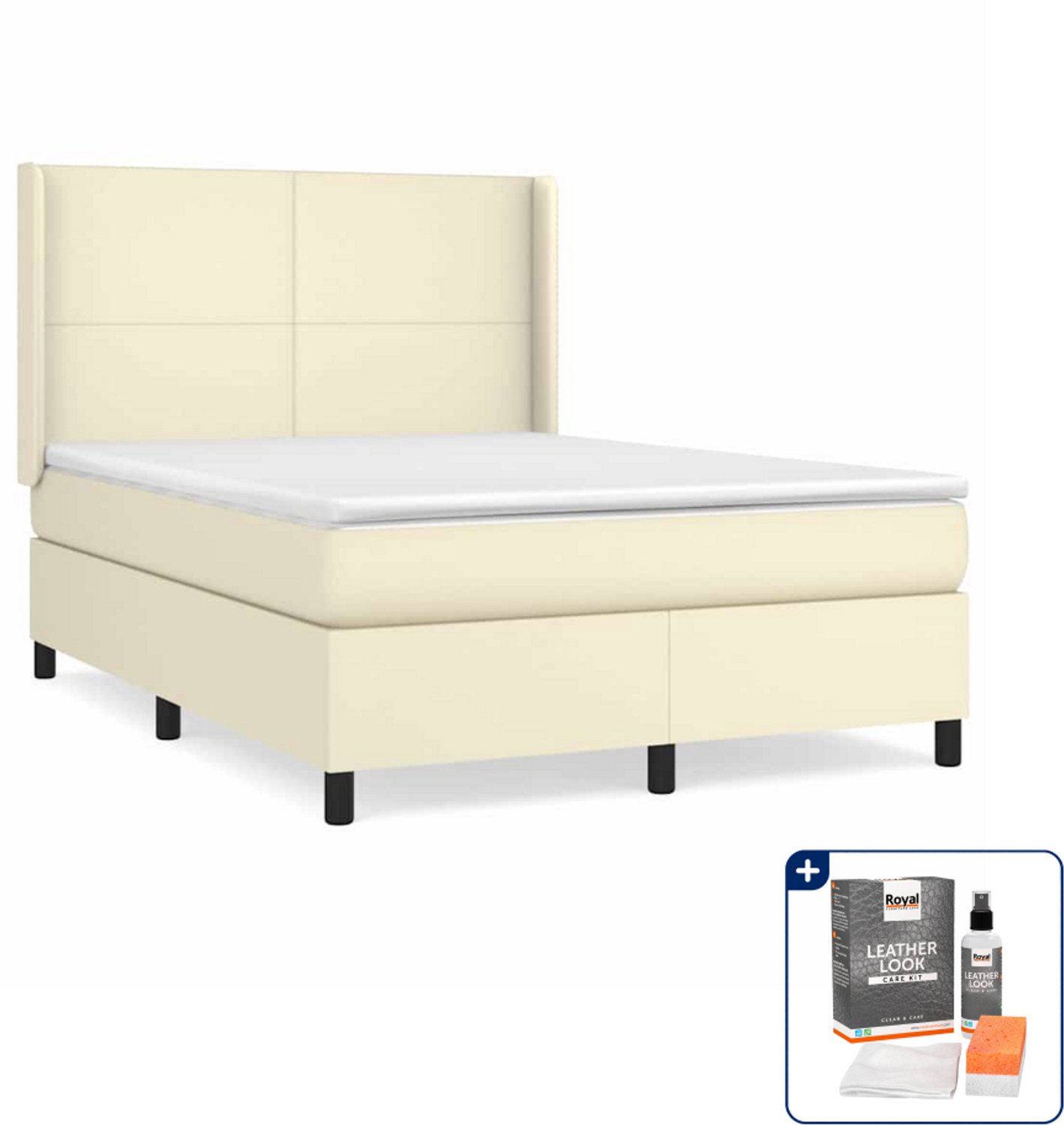 vidaXL boxspring met matras 140 x 190 cm - kunstleer - crème - Inclusief onderhoudsset voor kunstleer 150 ml