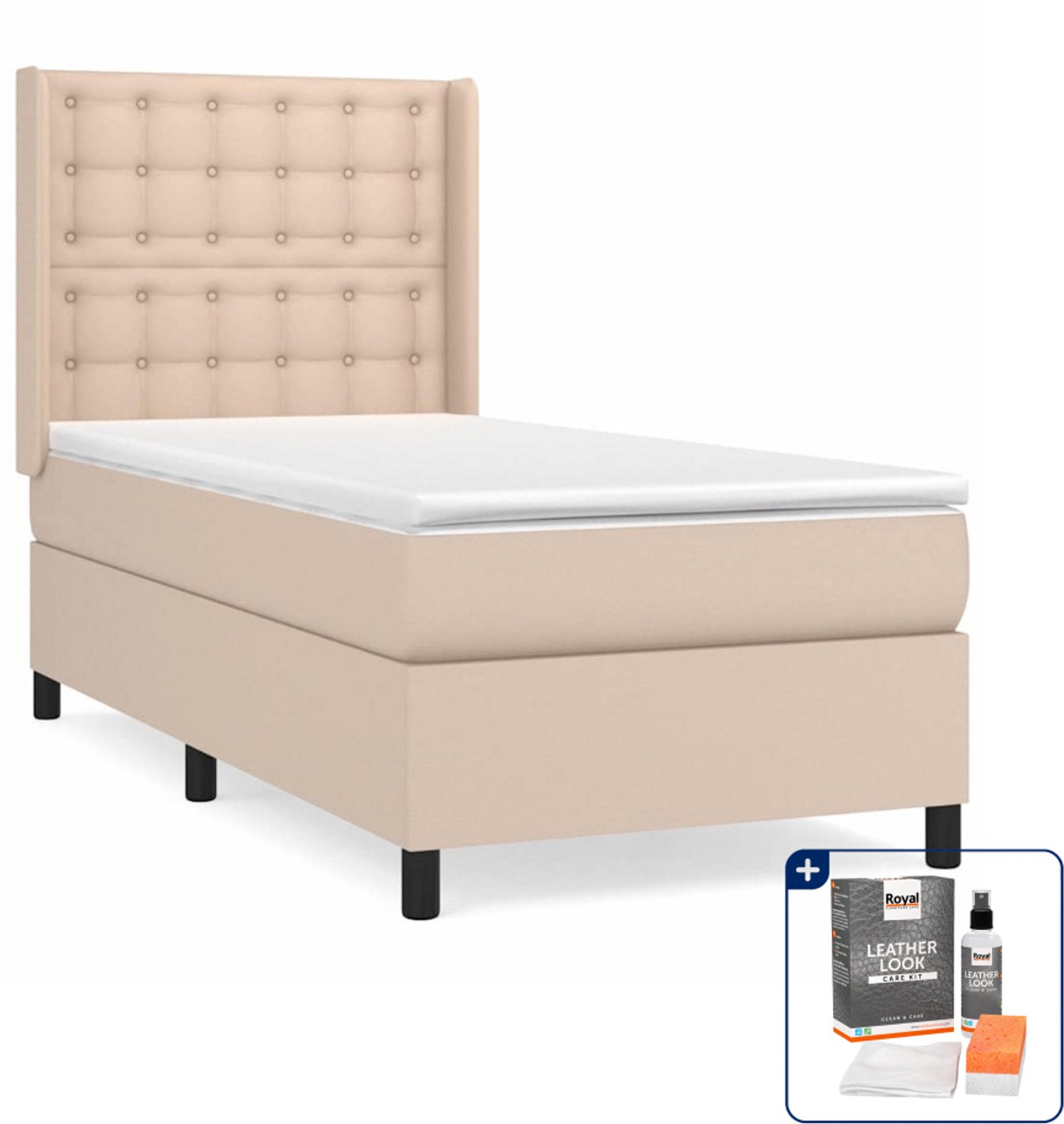 vidaXL boxspring met matras 100 x 200 cm - kunstleer - cappuccino - Inclusief onderhoudsset voor kunstleer 150 ml Bruin
