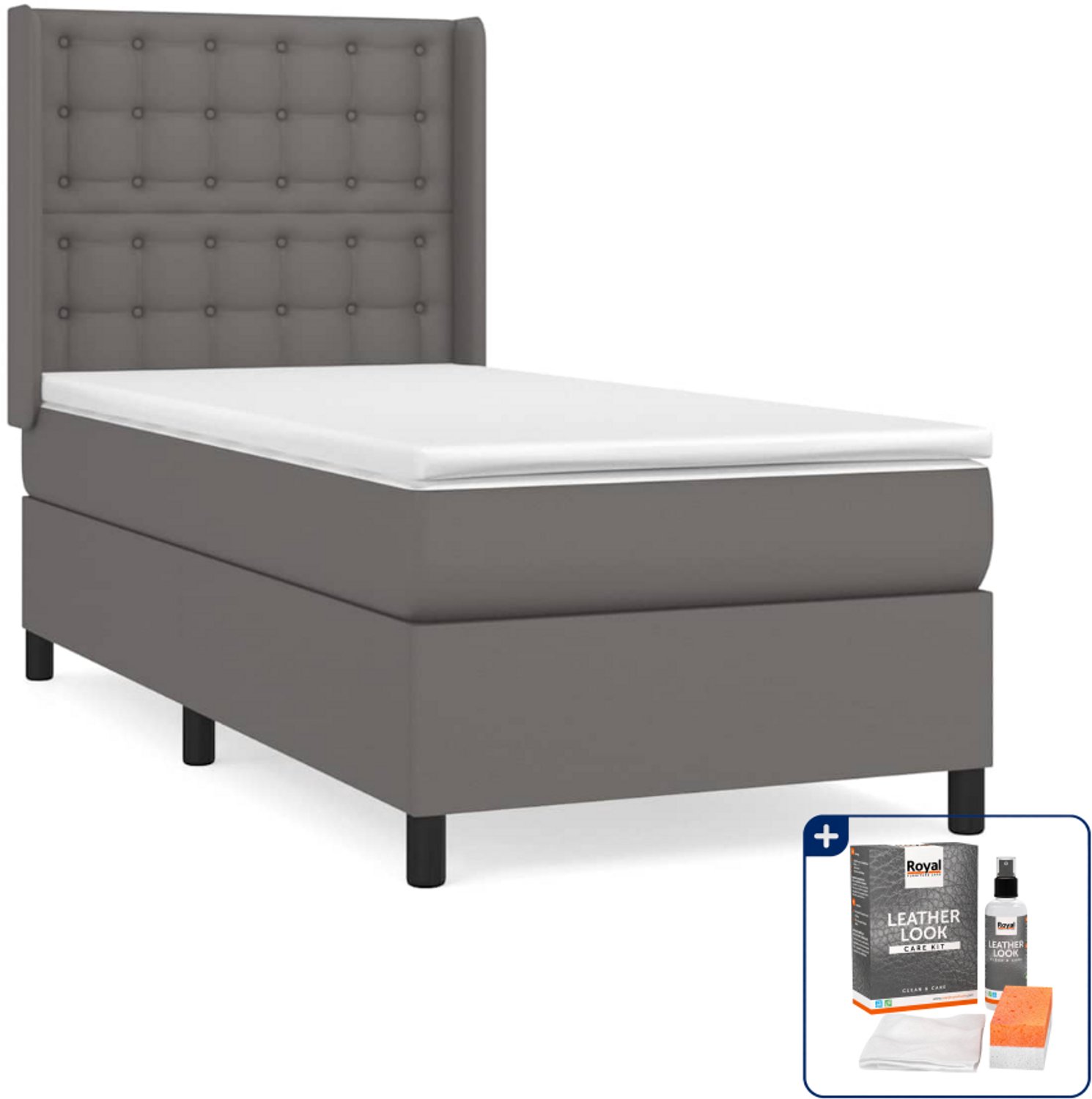 vidaXL boxspring met matras - 90 x 200 cm - kunstleer - grijs - Inclusief onderhoudsset voor kunstleer 150 ml