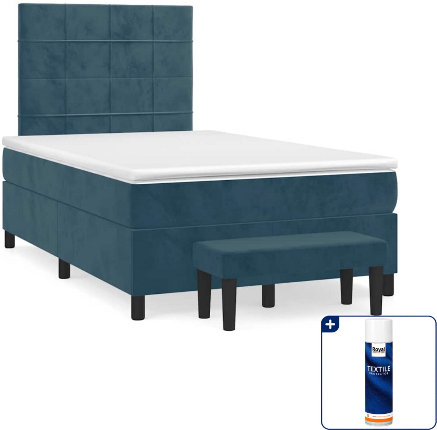 vidaXL boxspring met matras en bankje - 120 x 200 cm - fluweel - donkerblauw - Inclusief textielbeschermer 500 ml