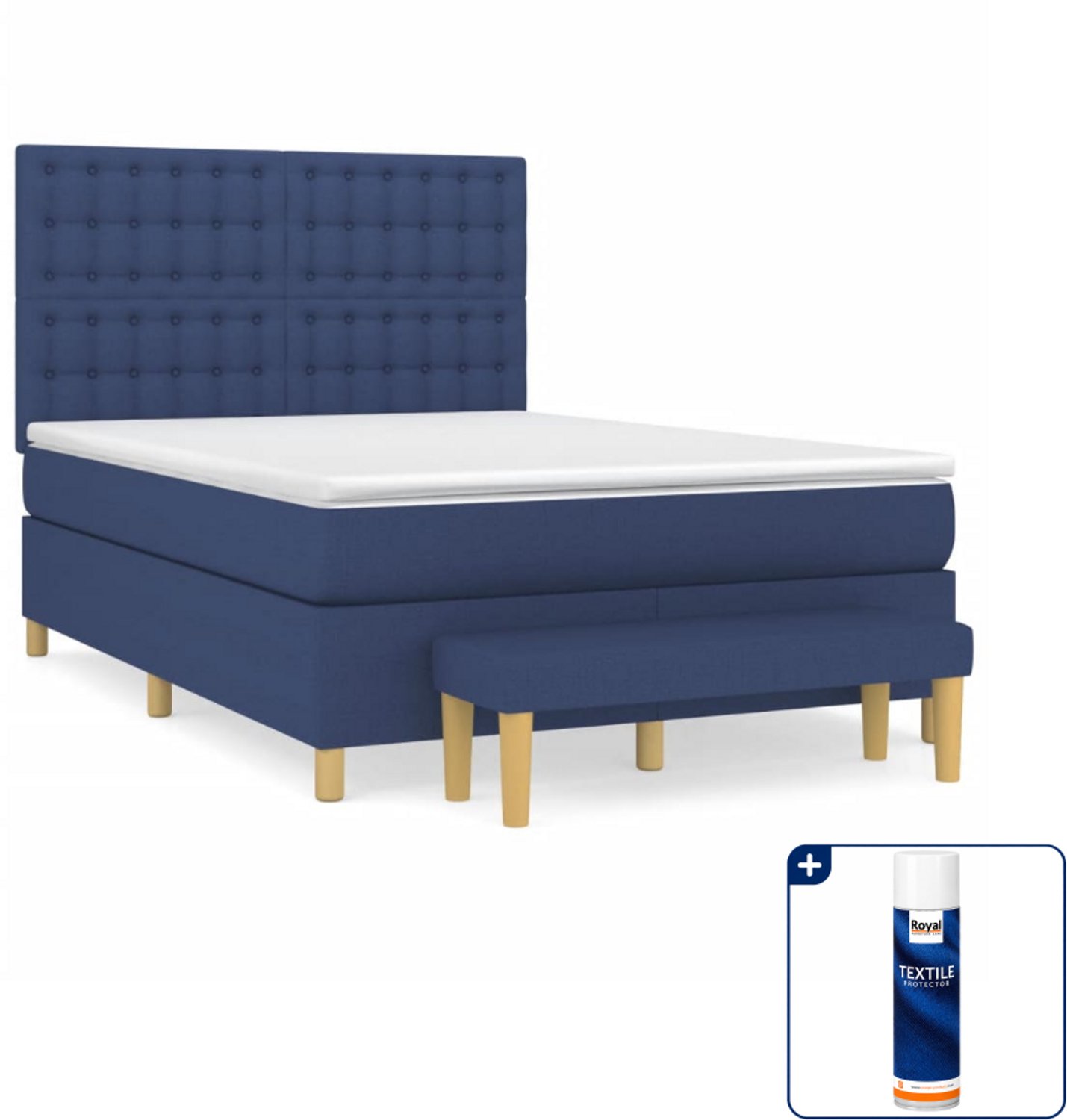 vidaXL boxspring met matras en bankje - 140 x 190 cm - blauw - Inclusief textielbeschermer 500 ml