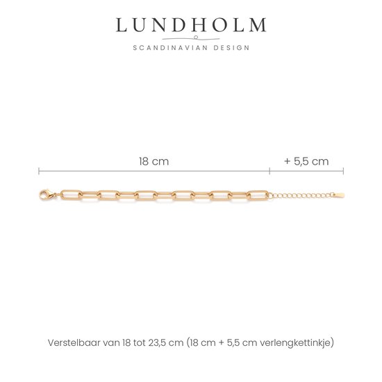 Goudkleurige schakelarmband van 18 cm met een verlengketting van 5,5 cm, instelbaar van 18 tot 23,5 cm.