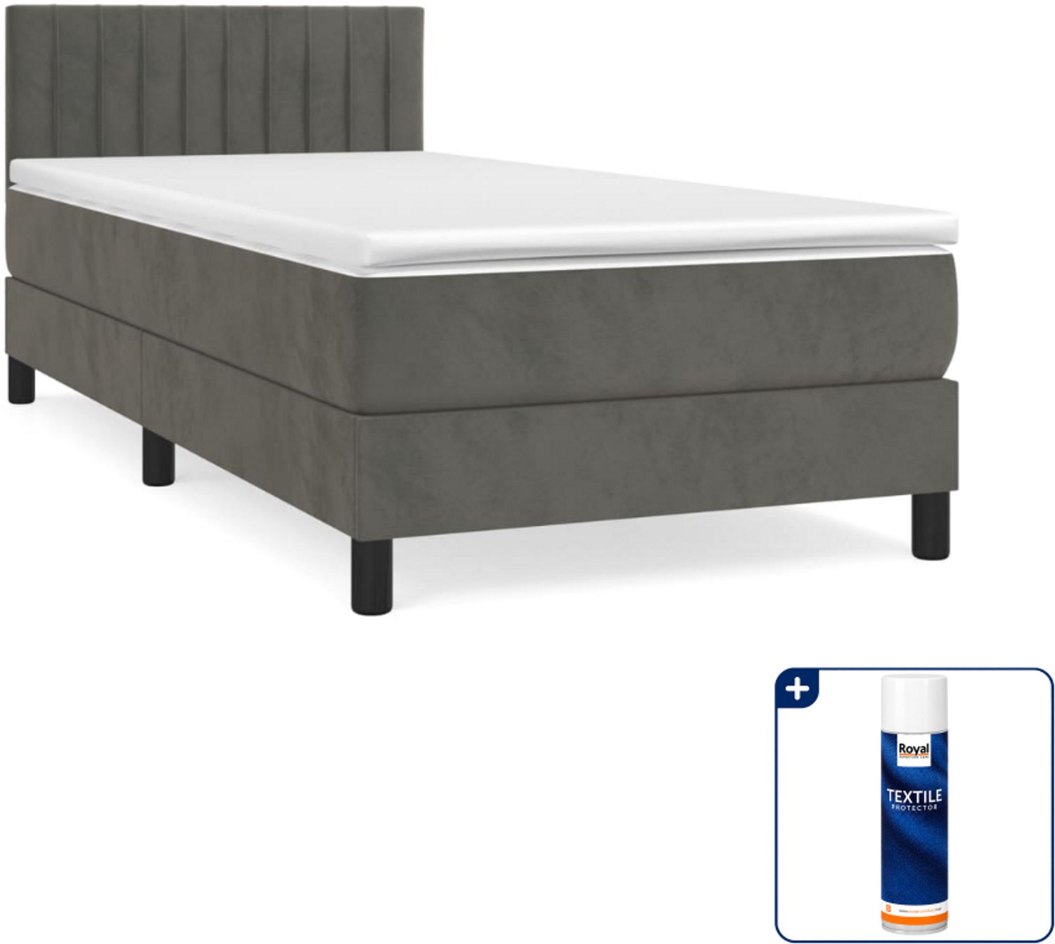 vidaXL boxspring met matras 90 x 200 cm - fluweel - donkergrijs - Inclusief textielbeschermer 500 ml