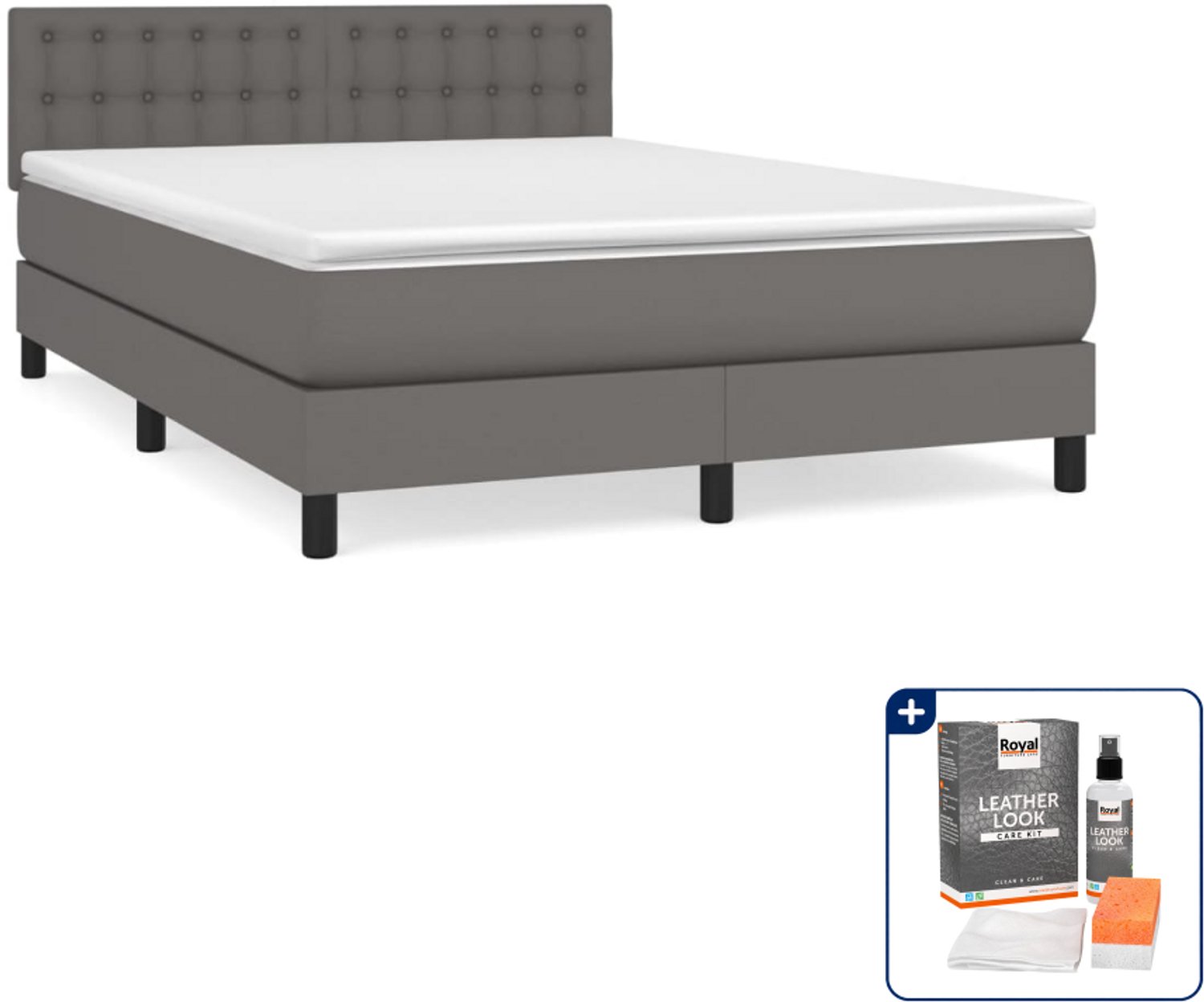 vidaXL boxspring met matras - 140 x 190 cm - kunstleer - grijs - Inclusief onderhoudsset voor kunstleer 150 ml