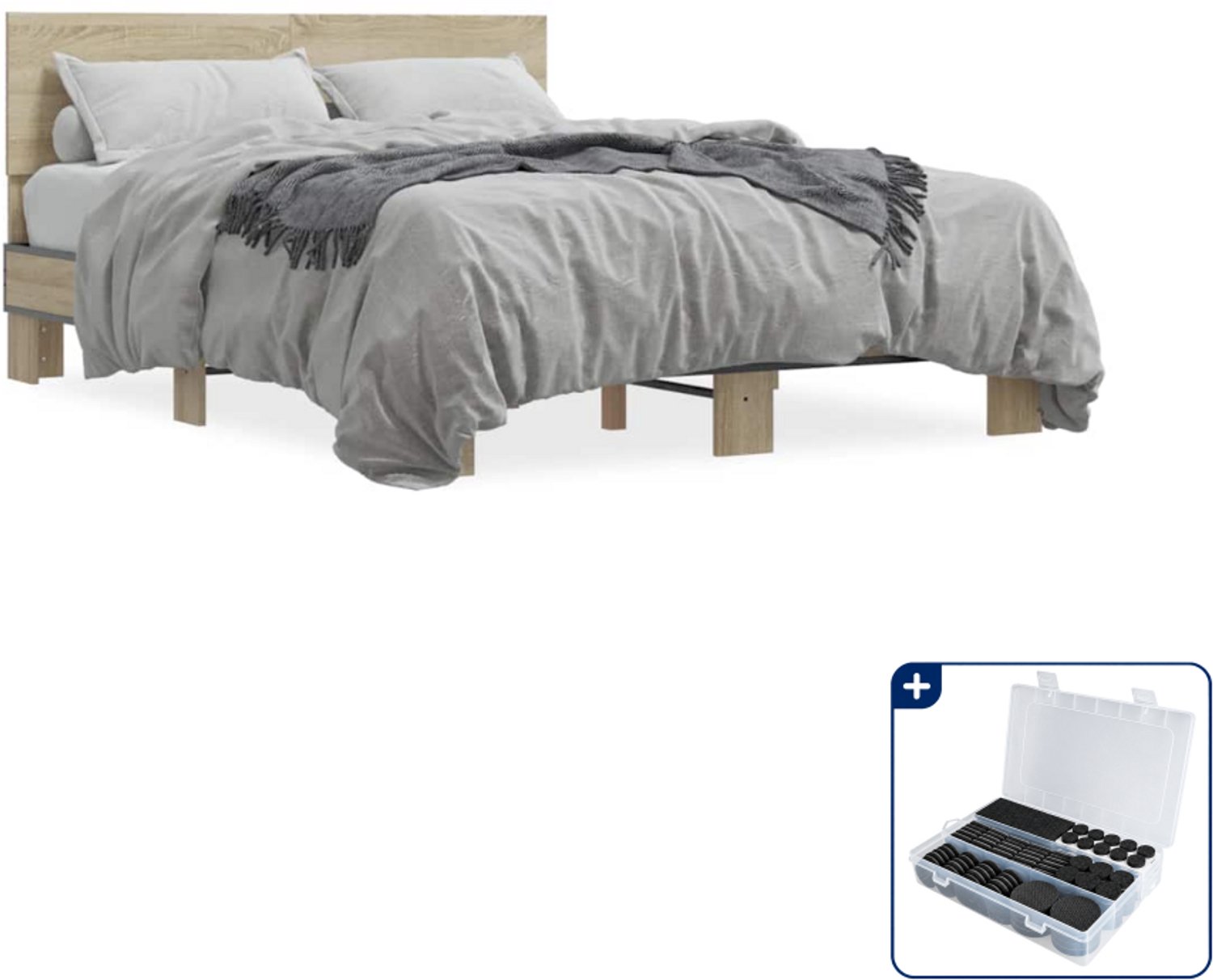 vidaXL bedframe - 135 x 190 cm - bewerkt hout en metaal - sonoma eiken - Inclusief antikrasvilt 177-delig