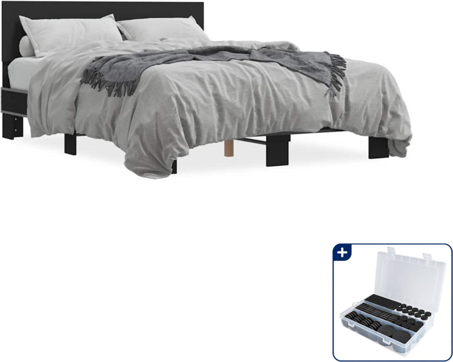 vidaXL bedframe met LED - 140 x 190 cm - bewerkt hout en metaal - zwart - Inclusief antikrasvilt 177-delig Grijs