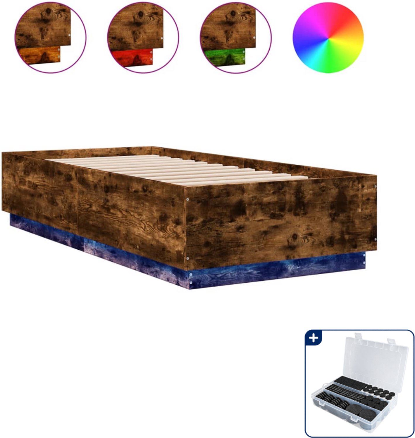 vidaXL bedframe met LED - 90 x 200 cm - gerookt eiken - Inclusief antikrasvilt 177-delig Grijs