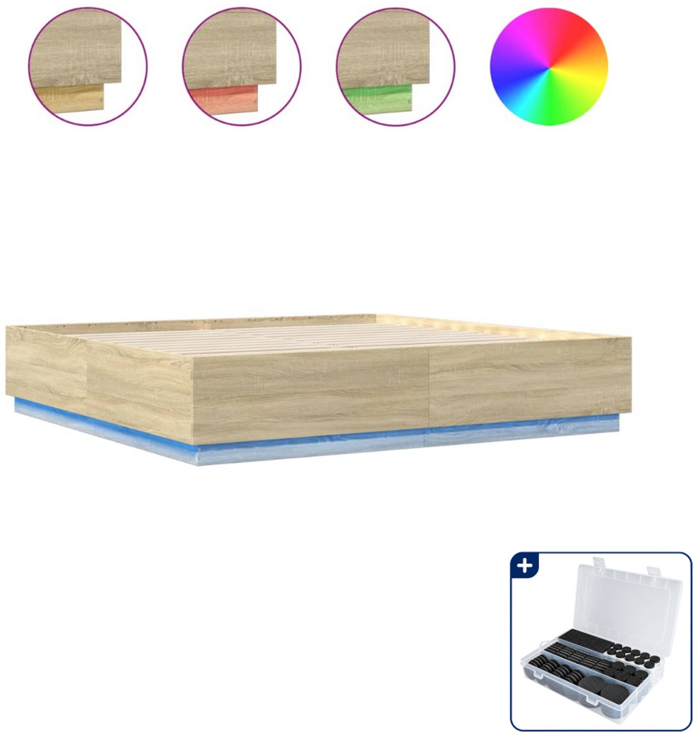 vidaXL bedframe met LED - 200 x 200 cm - bewerkt hout - sonoma eiken - Inclusief antikrasvilt 177-delig Grijs