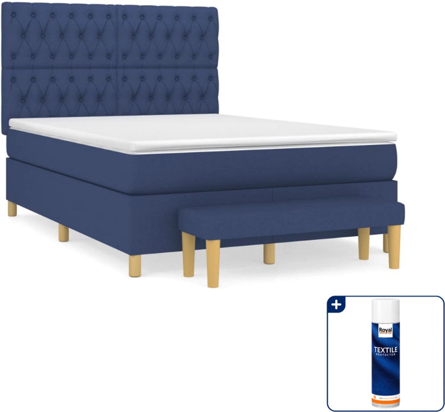 vidaXL boxspring met matras en bank - 140 x 190 cm - blauw - Inclusief textielbeschermer 500 ml