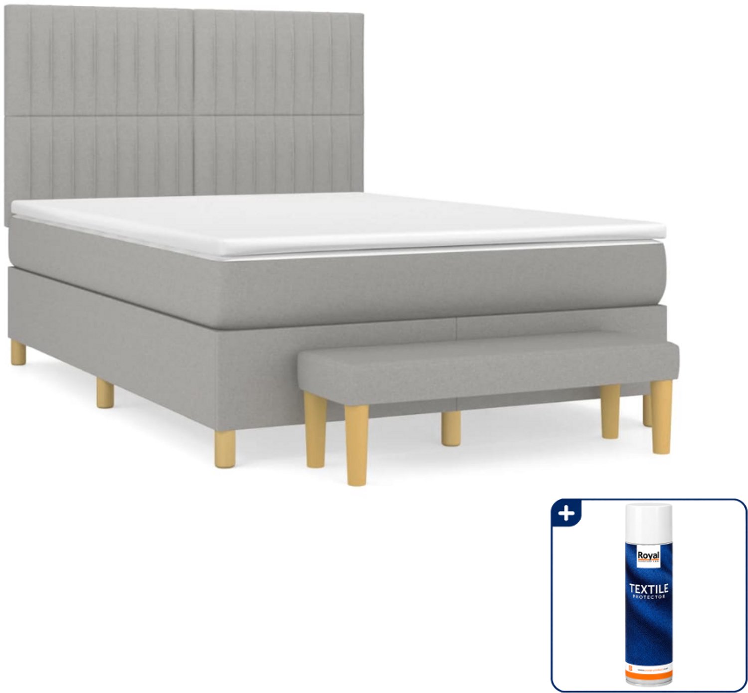 vidaXL boxspring met matras en bankje - 140 x 190 cm - lichtgrijs - Inclusief textielbeschermer 500 ml