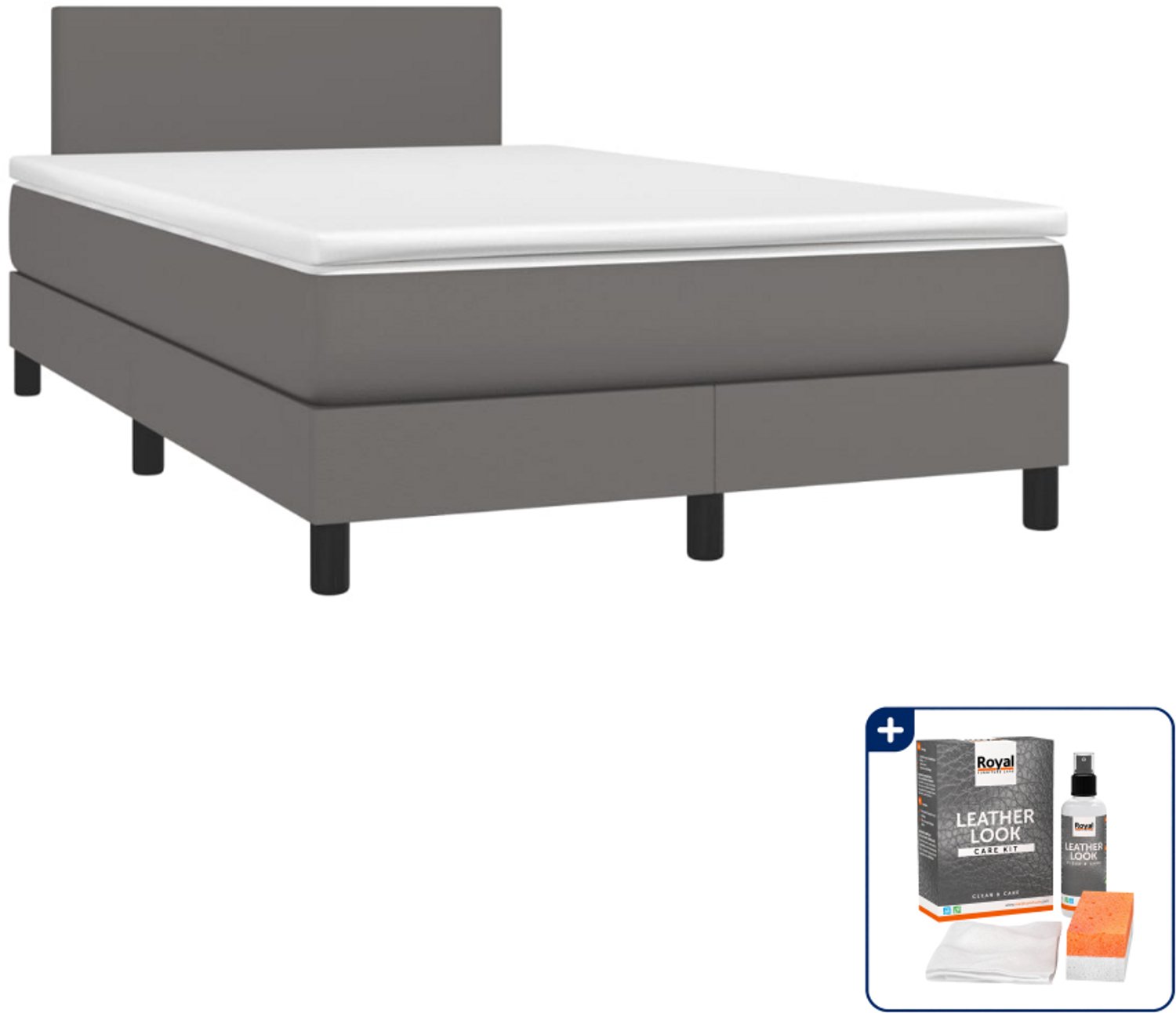 vidaXL boxspring met matras 120 x 190 cm - kunstleer - grijs - Inclusief onderhoudsset voor kunstleer 150 ml