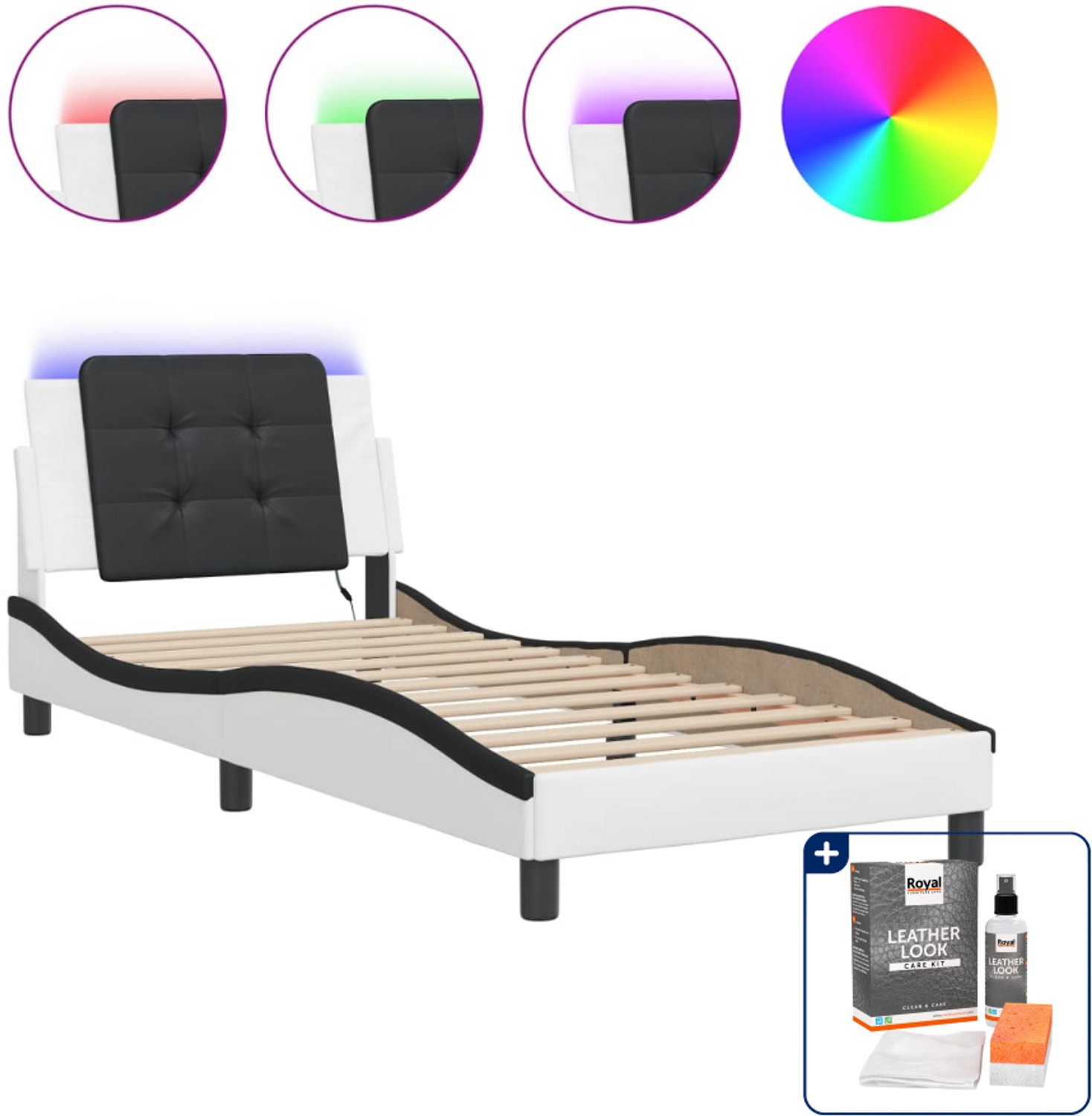 vidaXL Zadar bedframe met LED - 90 x 200 cm - wit en zwart - Inclusief onderhoudsset voor kunstleer 150 ml