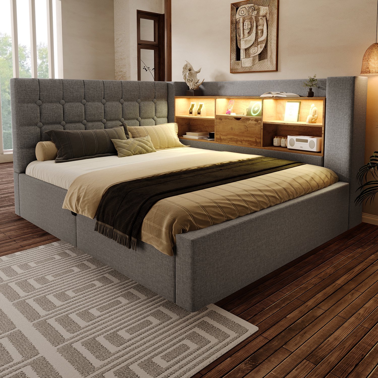MUVANO Opbergbed 140x200 inclusief matras - Tweepersoonsbed met led en USB - L-vormig hoofdbord - Linnen - Hydraulische opbergruimte - Slaapkamer grijs