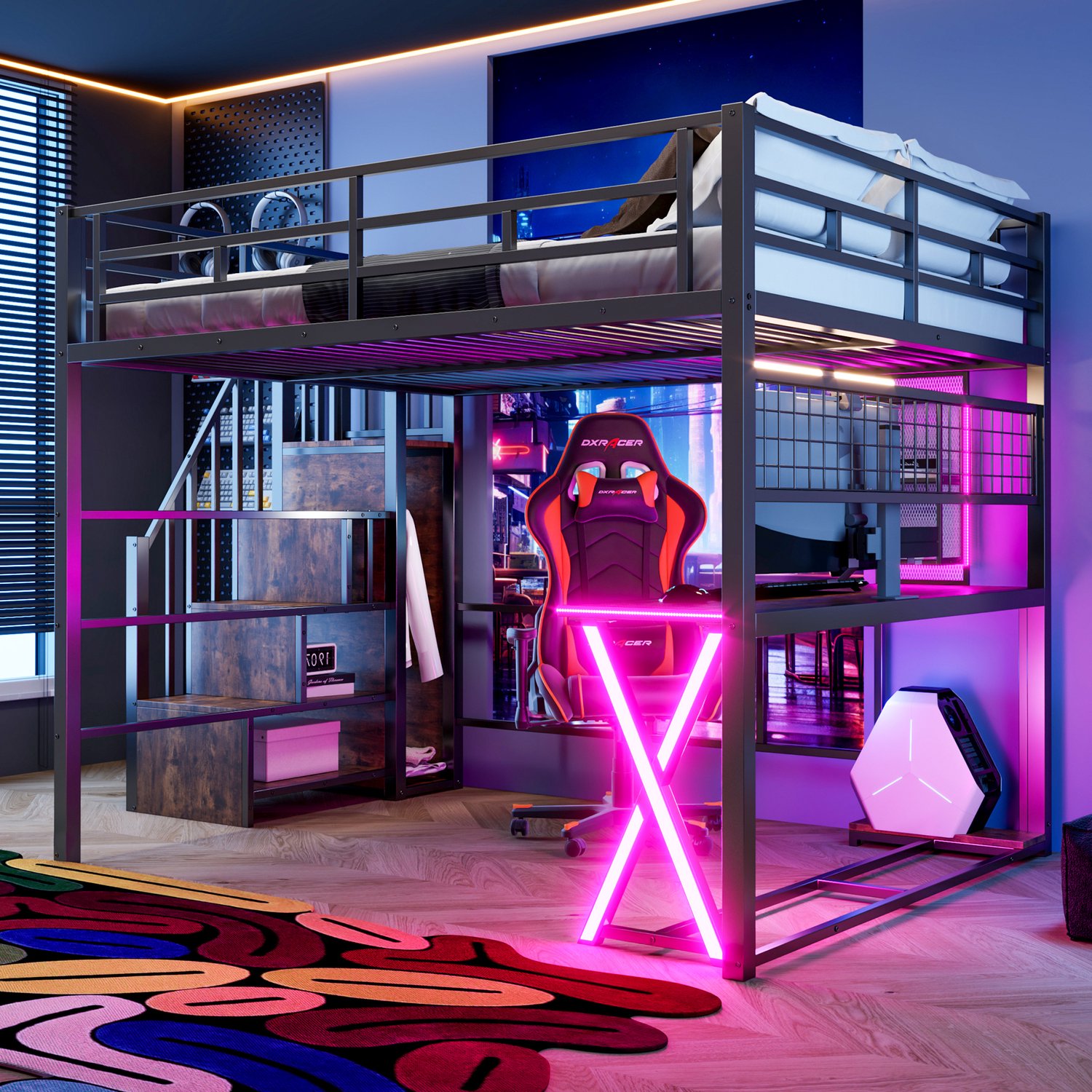 Zubaliya Hoogslaper - 160 x 200 cm - Zwart - MDF, metaal - LED-verlichting - Kledingkast - Bureau