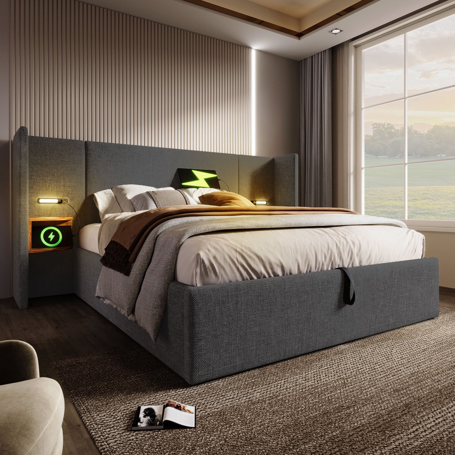 MUVANO Gestoffeerd opbergbed 180x200 - Tweepersoonsbed met leeslamp en USB-C - Hydraulische lattenbodem - Linnen en metaal - Voor slaapkamer - Grijs