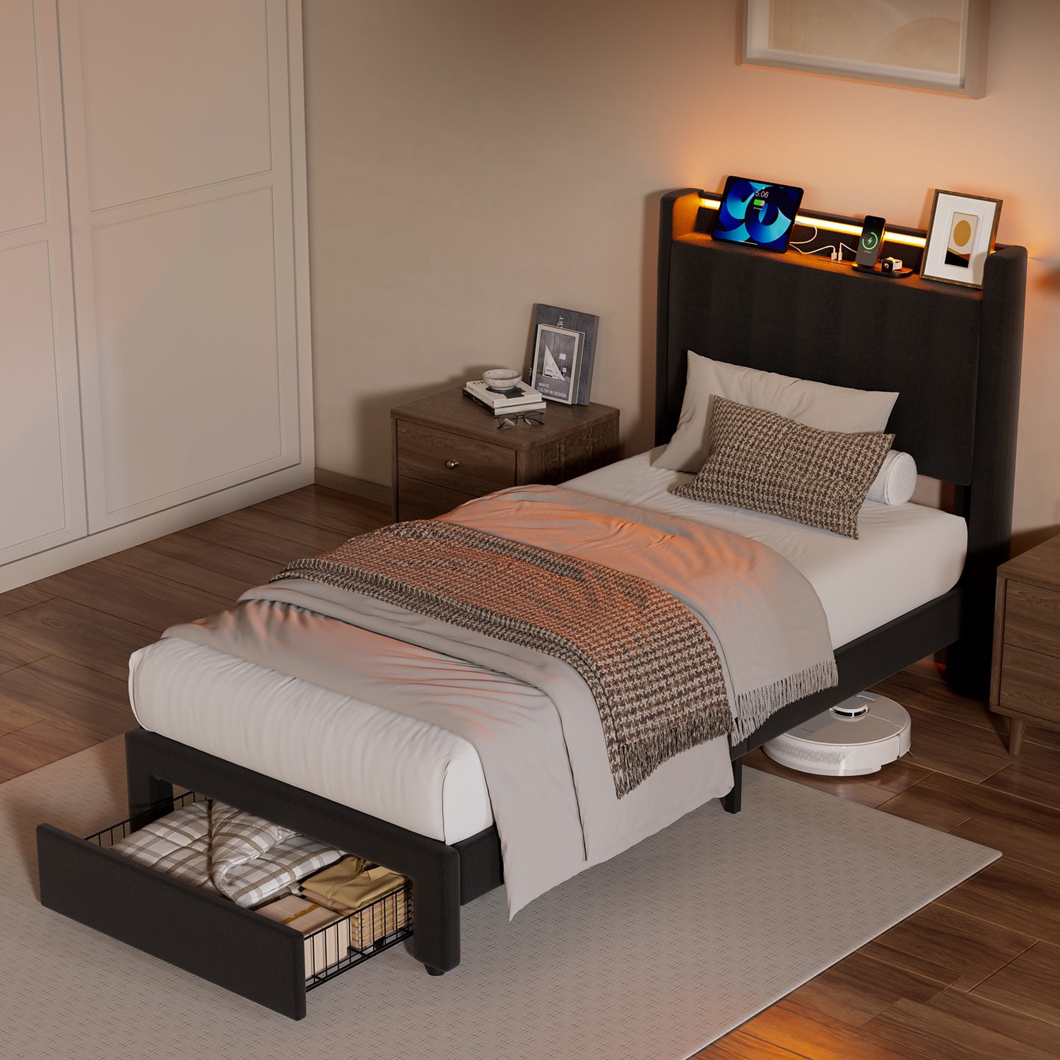 KUTAS 1 Persoons Bed 90x200 cm - Eenpersoonsbed met Opberglades - LED-verlichting - USB-A & USB-C Oplaadpoorten - Met Hoofdbord en Lattenbodem - Geluidsarm & Antislip - Draagkracht 300 kg - Zwart