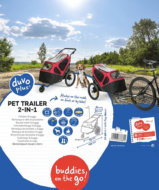 Duvo+ Hondenfietskar - 2 in 1 Wandelwagen - Zwart Rood - 123x62x96 cm <30 kg van Duvo+ — afbeelding 2