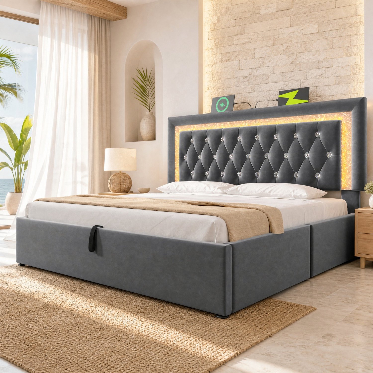 Maisentiel Gestoffeerd tweepersoonsbed 140 x 200 cm - grijs - LED, USB-C en opbergruimte