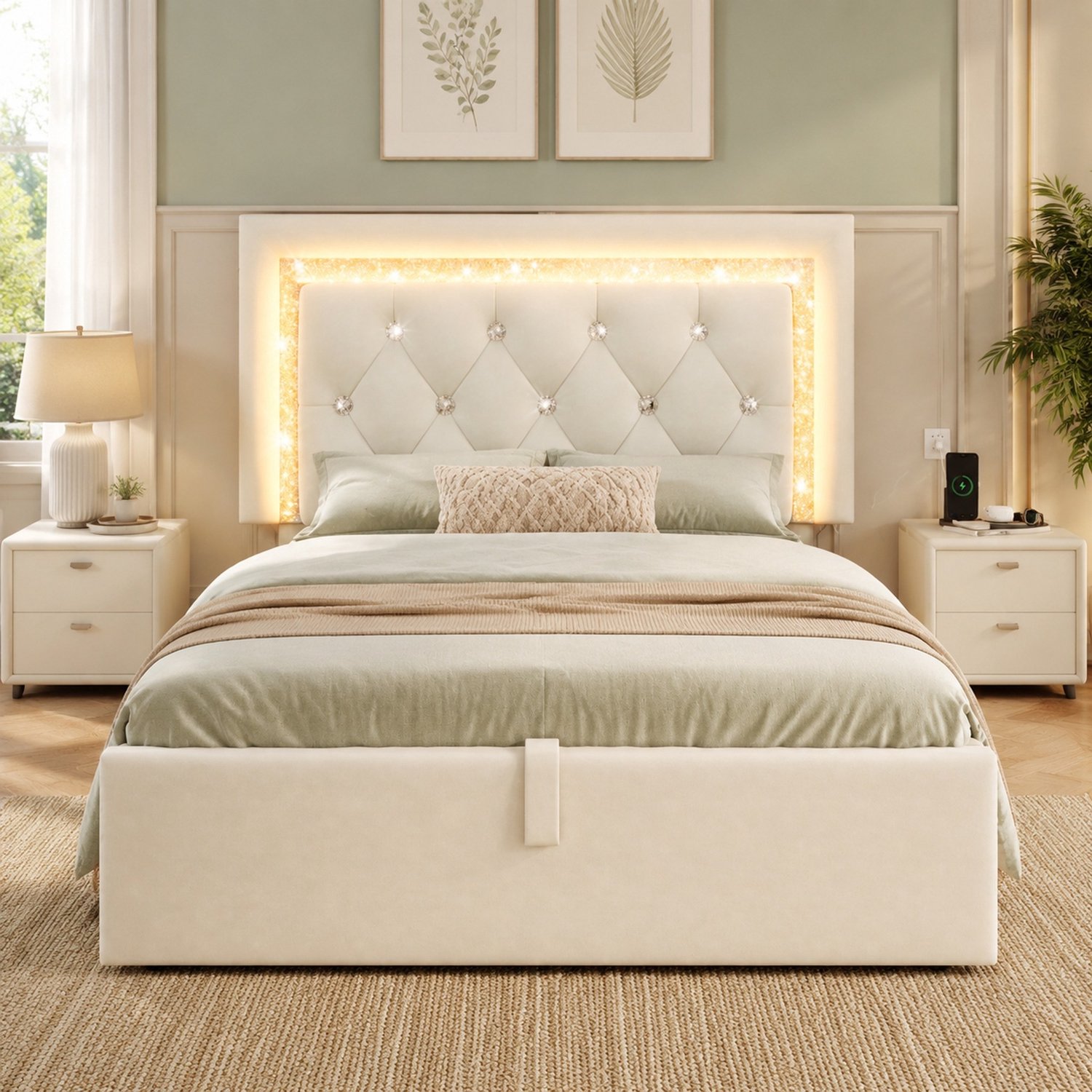 Maisentiel Beige eenpersoonsbed 90 x 200 cm met LED, USB-C en hydraulische opbergruimte