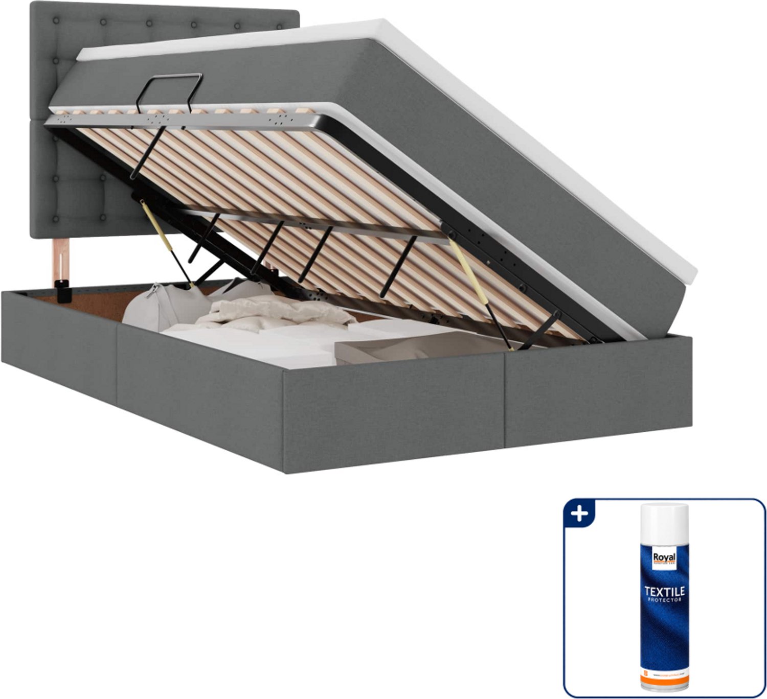 vidaXL LED-opslagbed met matras - 120 x 200 cm - donkergrijs - Inclusief textielbeschermer 500 ml Lichtgrijs