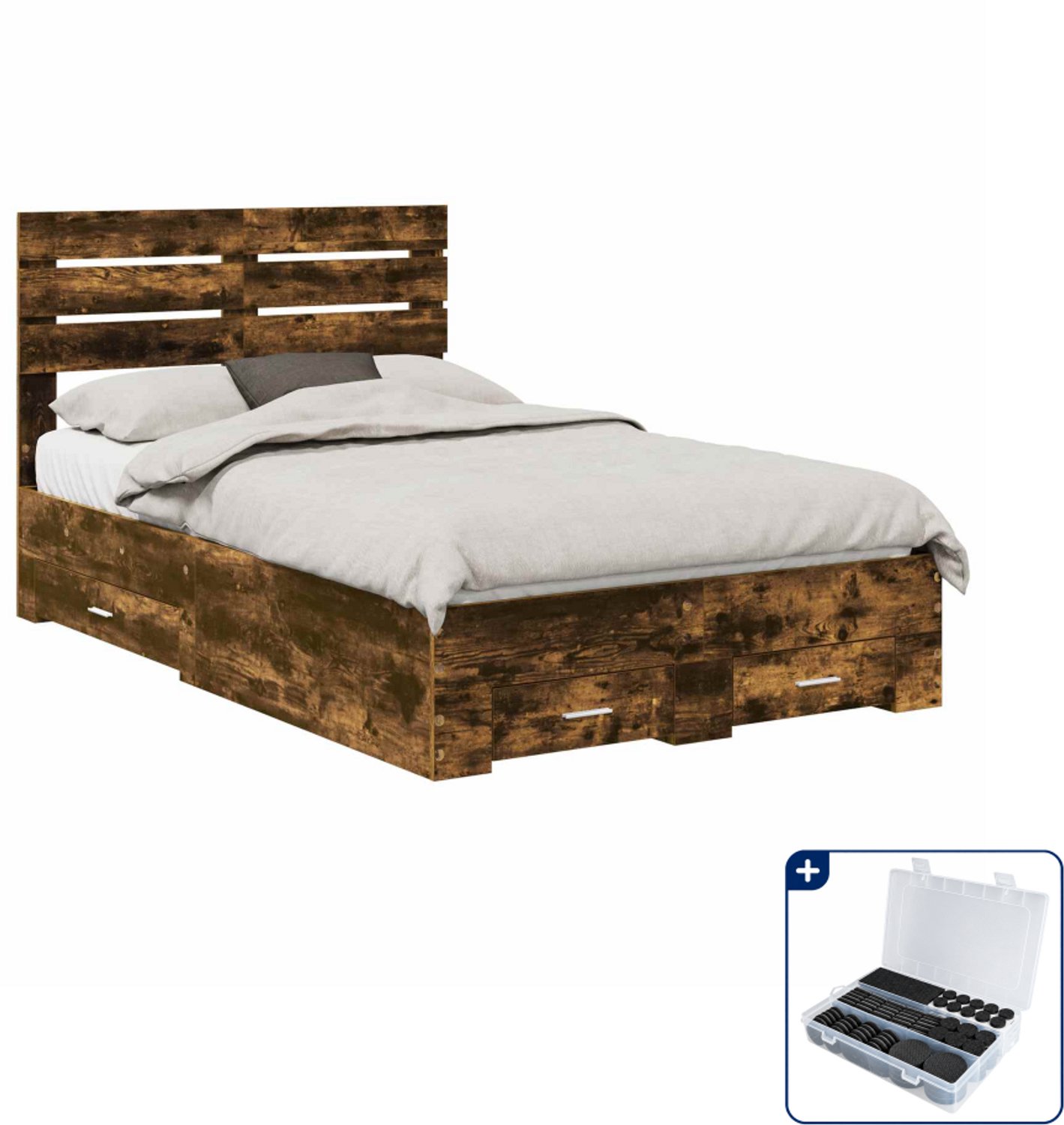 vidaXL bedframe met lade - 120 x 200 cm - bewerkt hout - gerookt eiken - Inclusief antikrasvilt 177-delig Bruin