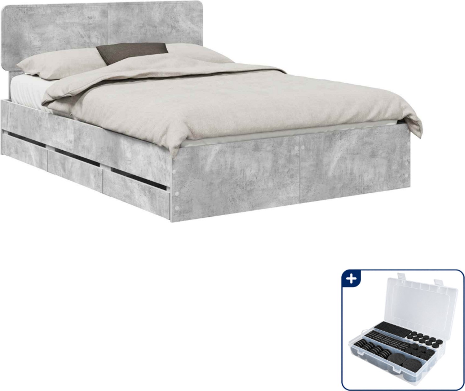 vidaXL bedframe met lade - 150 x 200 cm - beton grijs - Inclusief antikrasvilt 177-delig Lichtgrijs