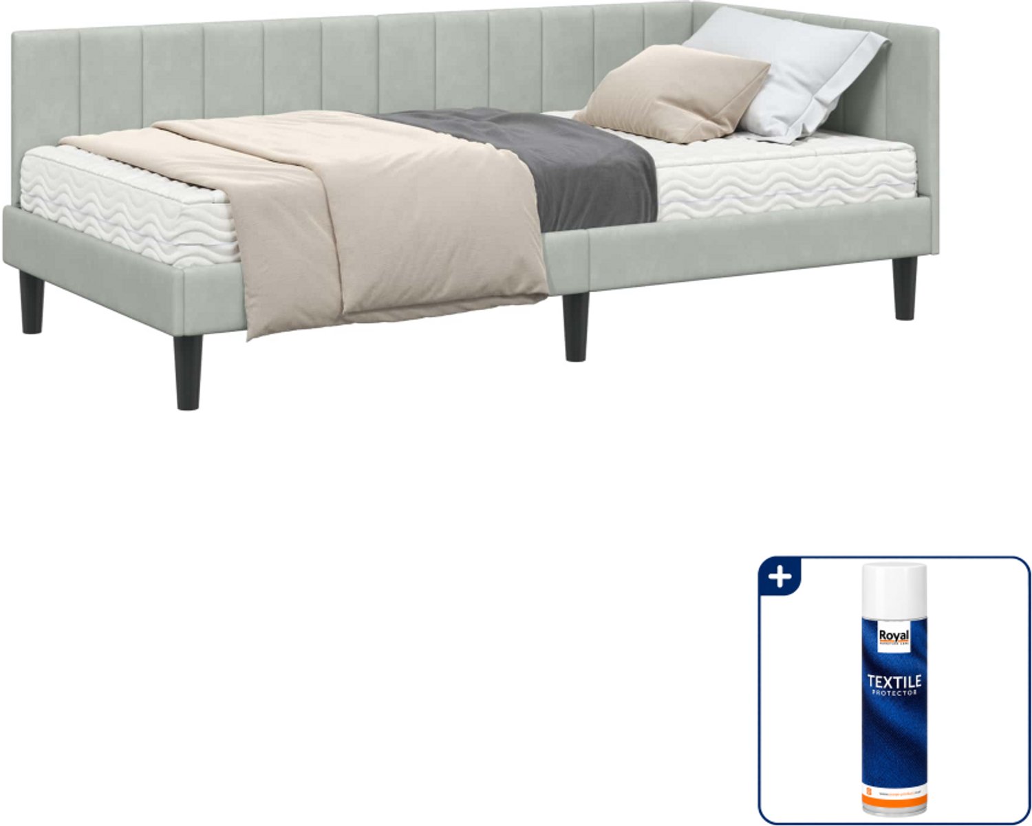 vidaXL hoekbedframe met matras - 90 x 190 cm - fluweel - lichtgrijs - Inclusief textielbeschermer 500 ml