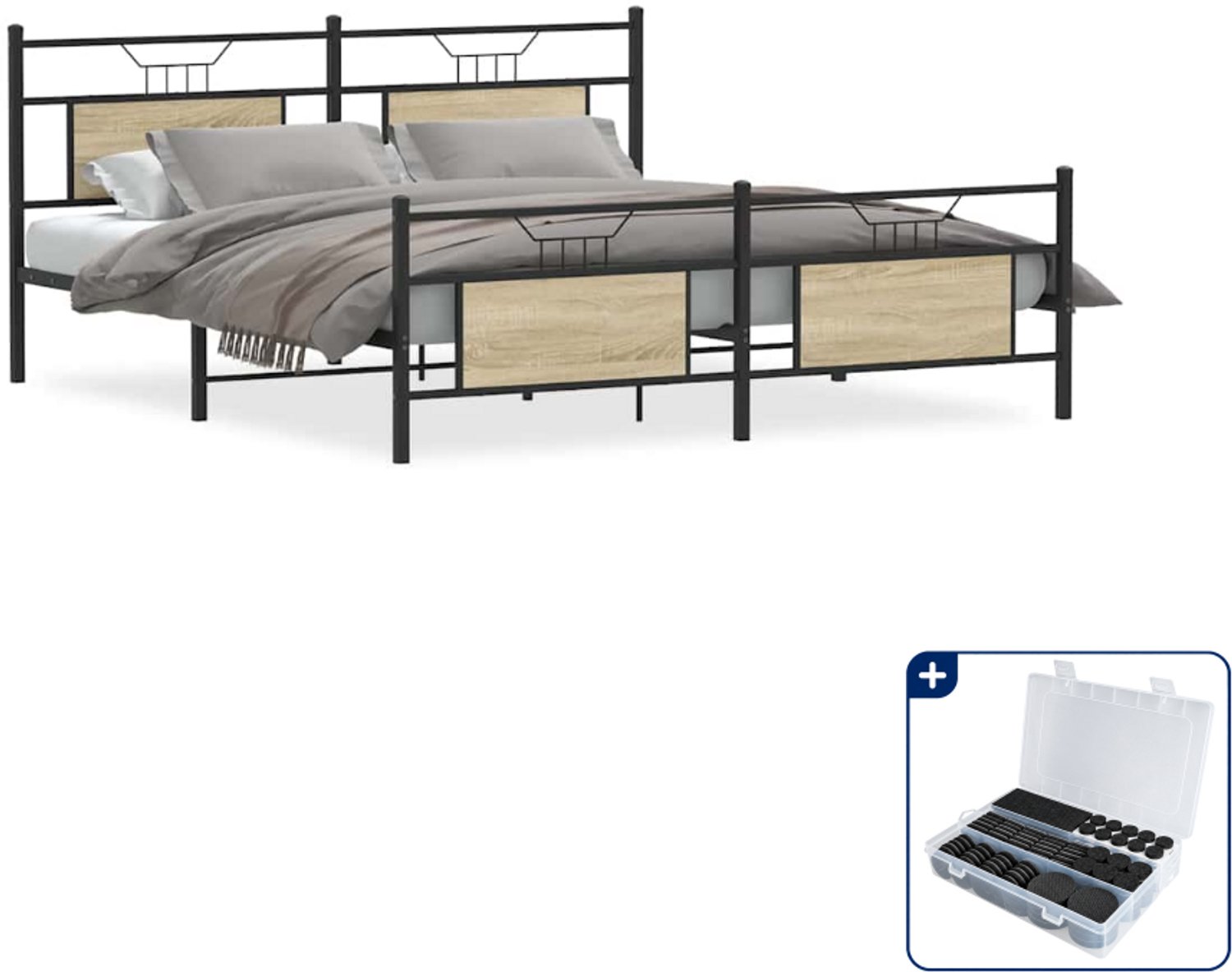 vidaXL Bedframe - 183 x 213 cm - staal en bewerkt hout - sonoma eiken - Inclusief antikrasvilt 177-delig Bruin