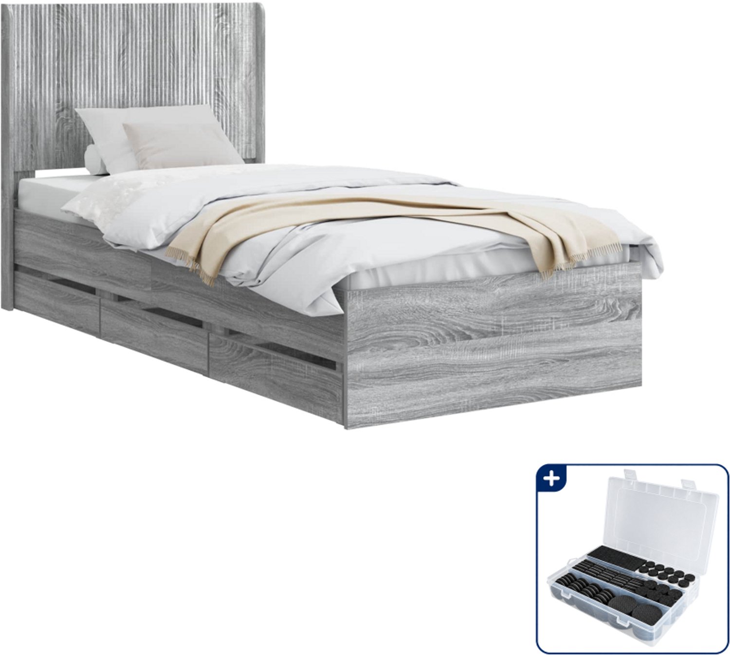 vidaXL bedframe met opbergruimte - 90 x 190 cm - bewerkt hout - grijs - Inclusief antikrasvilt 177-delig