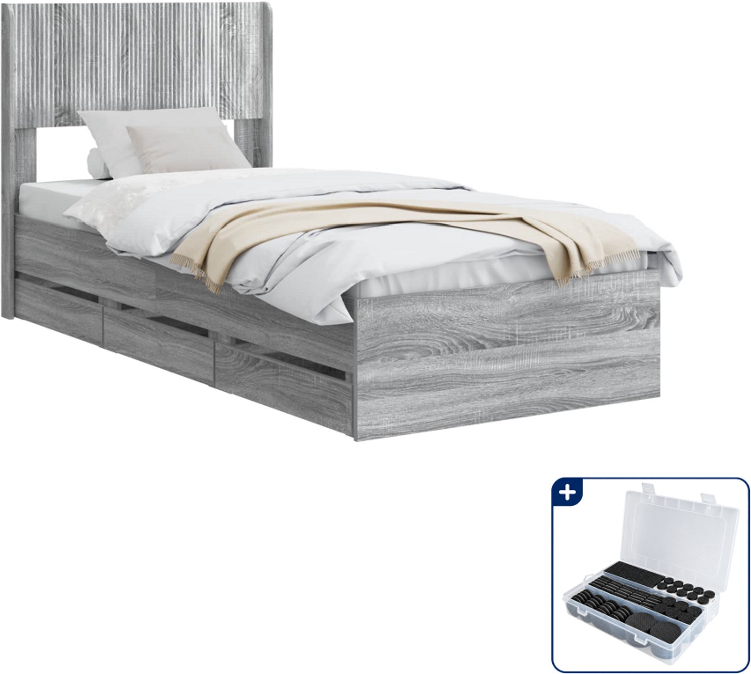 vidaXL bedframe met opbergruimte - 75 x 190 cm - bewerkt hout - grijs - Inclusief antikrasvilt 177-delig