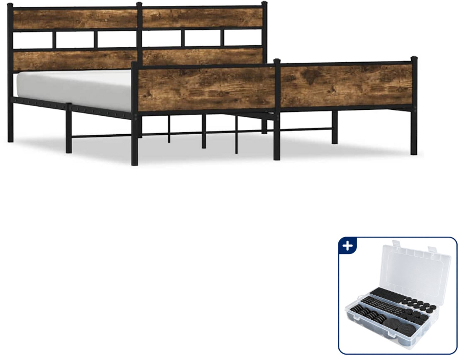vidaXL Bedframe - 183 x 213 cm - staal en bewerkt hout - gerookt eiken - Inclusief antikrasvilt 177-delig Bruin