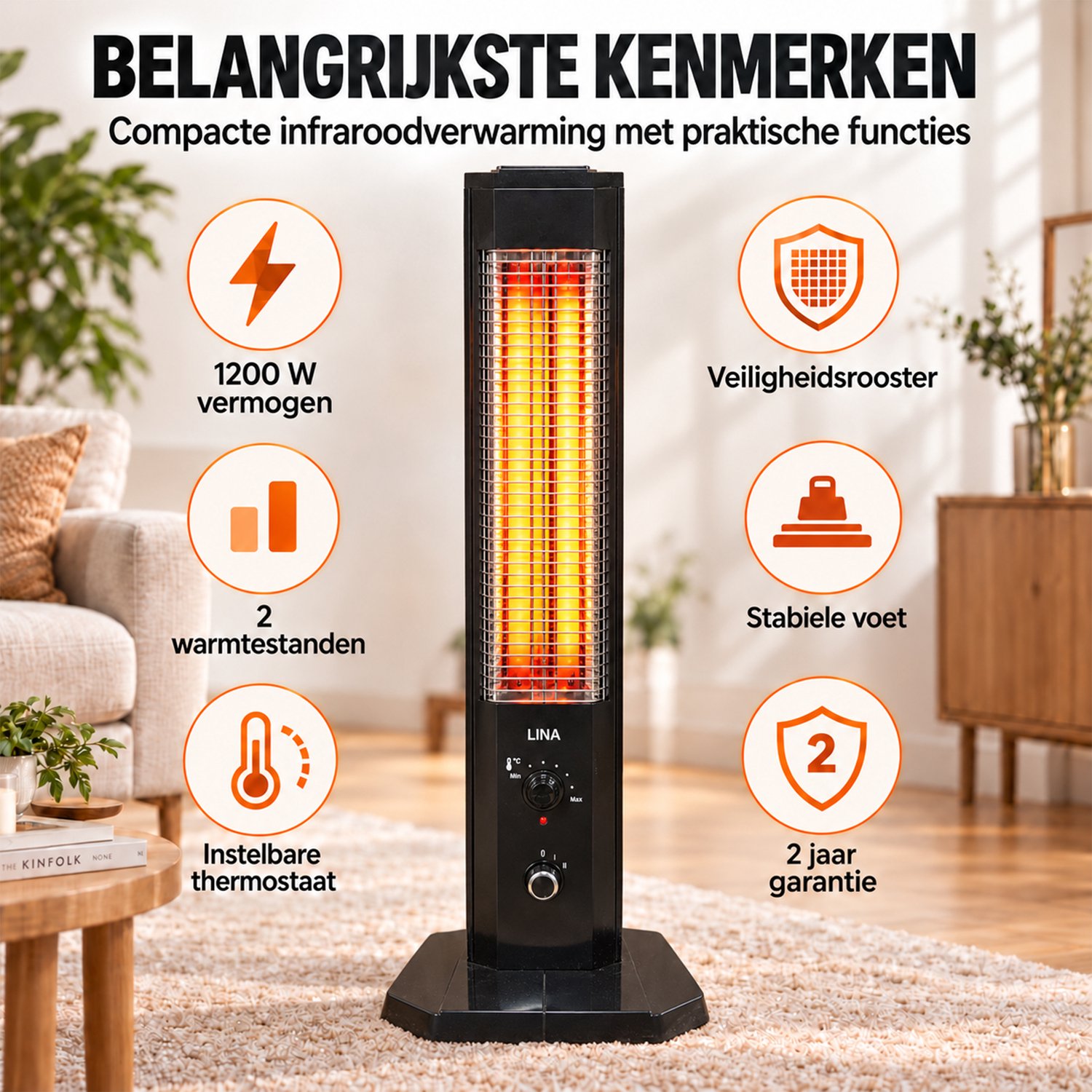 Lina® Infrarood Verwarming 1200W – Energiezuinige Elektrische Kachel voor Binnen en Buiten – Terrasverwarmer – foto 7