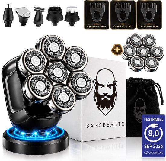 Sansbeauté 6-in-1 scheerapparaat met zeven roterende koppen, opzetkammen van 3mm, 5mm en 7mm, en oplaadstation.