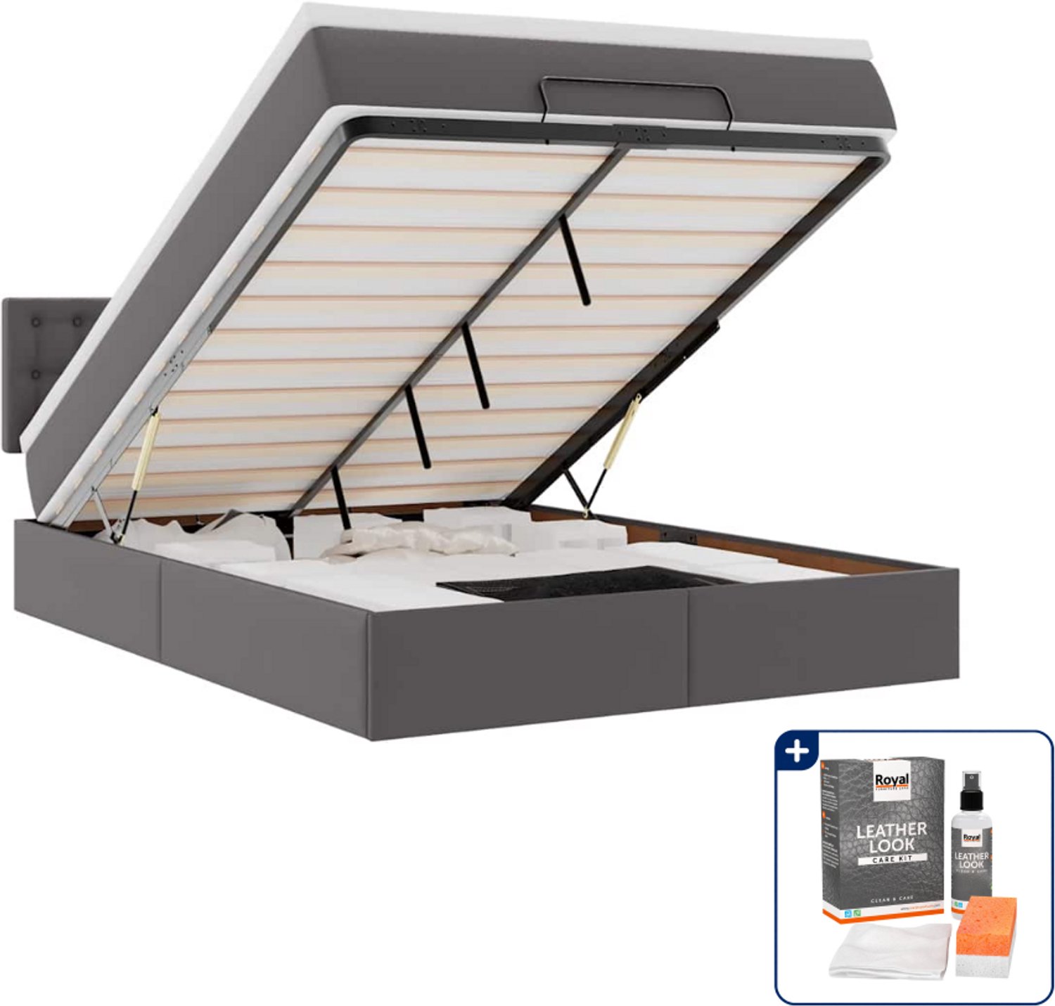 vidaXL ottomane bed met matras en LED - 140 x 190 cm - kunstleer - grijs - Inclusief onderhoudsset voor kunstleer 150 ml