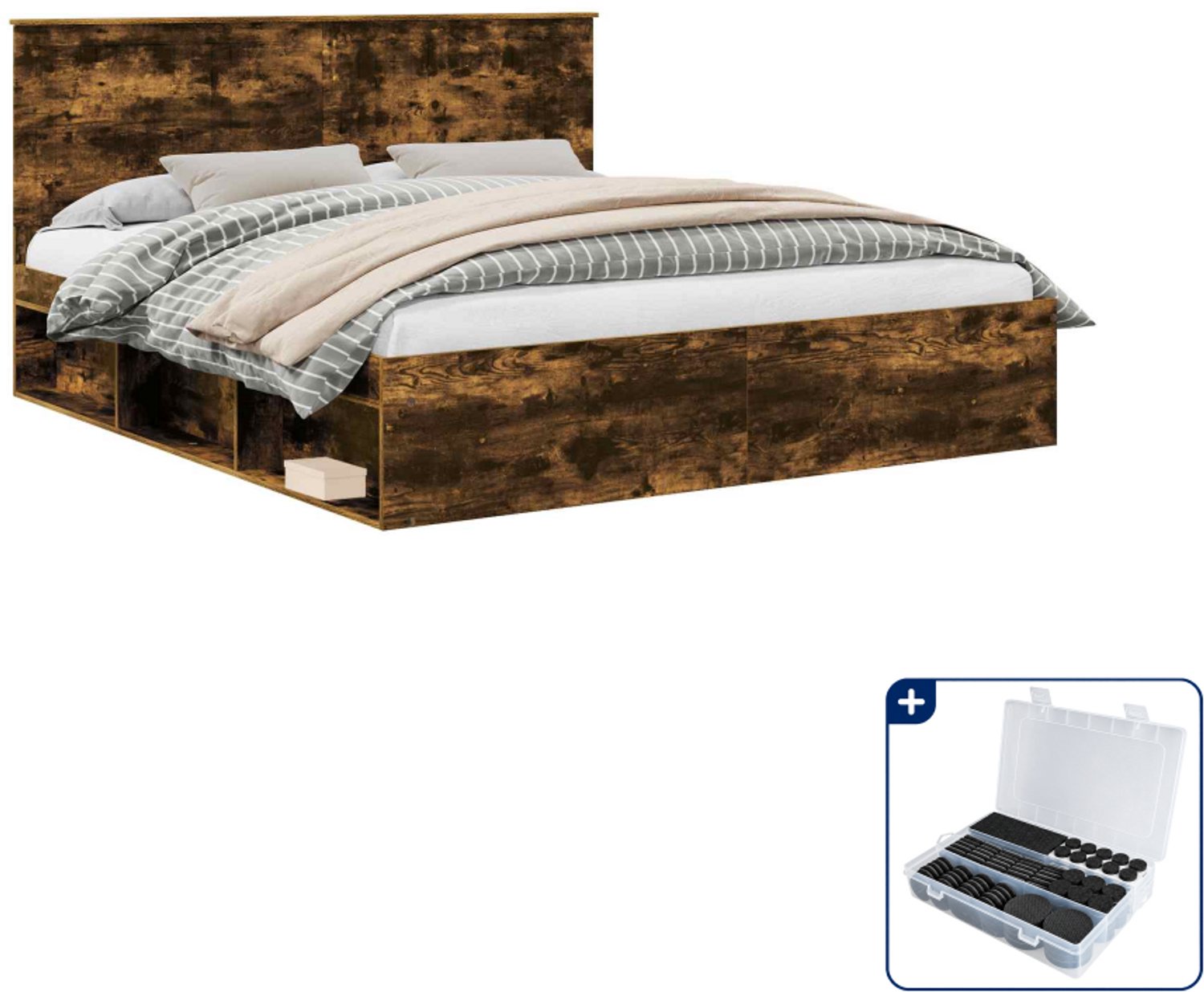 vidaXL bedframe Kingsize - 180 x 200 cm - gerookt eiken - Inclusief antikrasvilt 177-delig Grijs