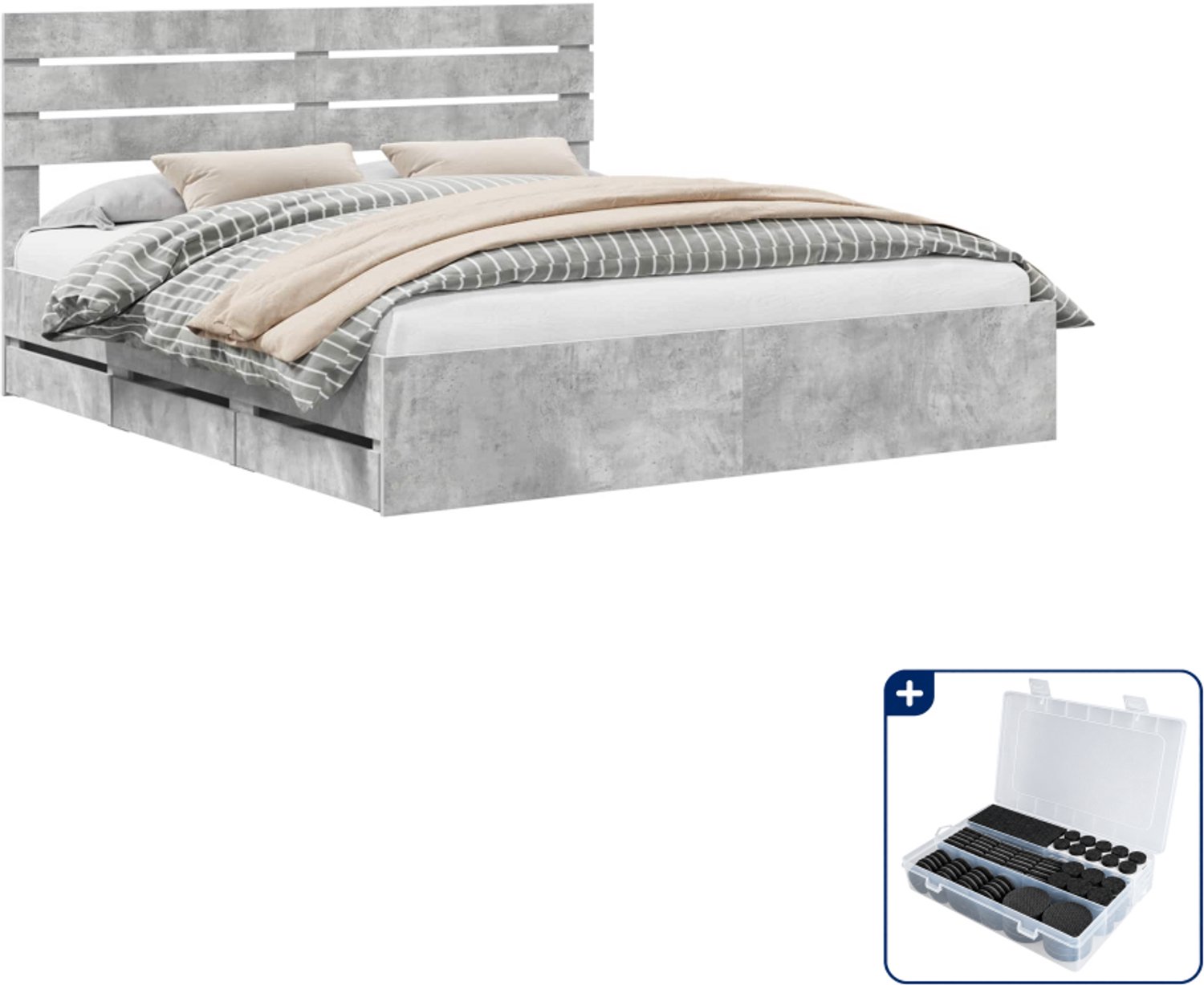 vidaXL Kingsize bedframe met lade - 180 x 200 cm - beton grijs - Inclusief antikrasvilt 177-delig