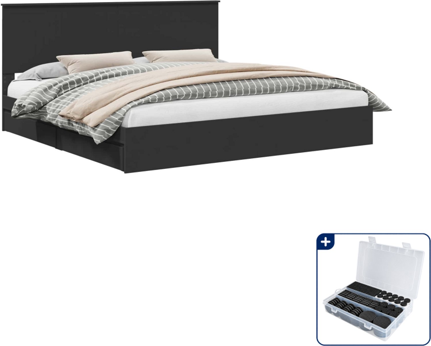 vidaXL bed met lades - 200 x 200 cm - bewerkt hout - zwart - Inclusief antikrasvilt 177-delig Bruin