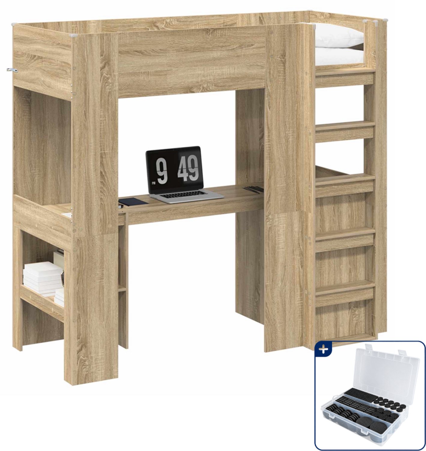 vidaXL loftbed met bureau - 75 x 190 cm - bewerkt hout - sonoma eiken - Inclusief antikrasvilt 177-delig Bruin