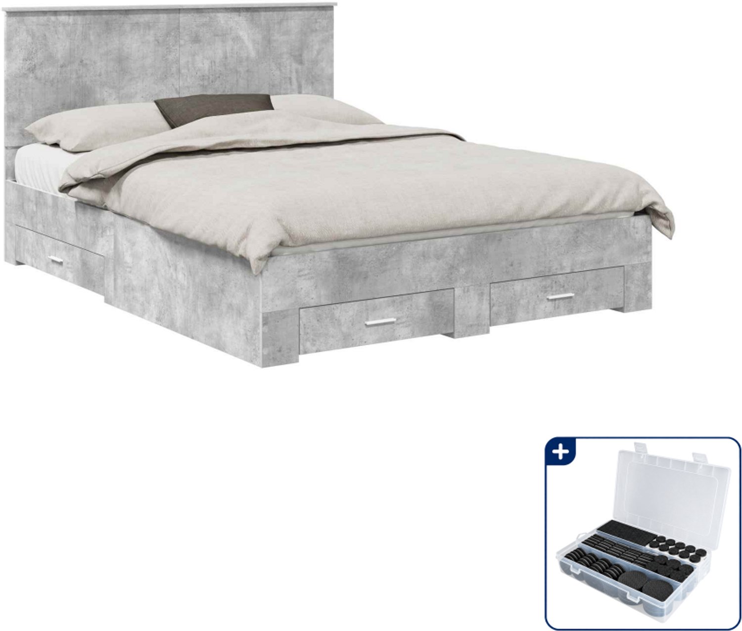 vidaXL bedframe met lade - 150 x 200 cm - bewerkt hout - beton grijs - Inclusief antikrasvilt 177-delig