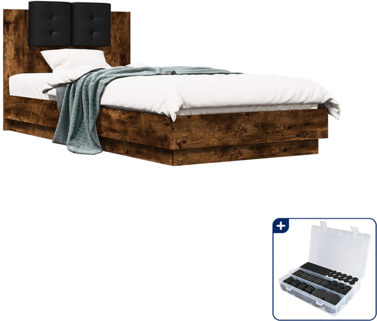 vidaXL bedframe met hoofdeinde - 80 x 200 cm - bewerkt hout - gerookt eiken - Inclusief antikrasvilt 177-delig Bruin