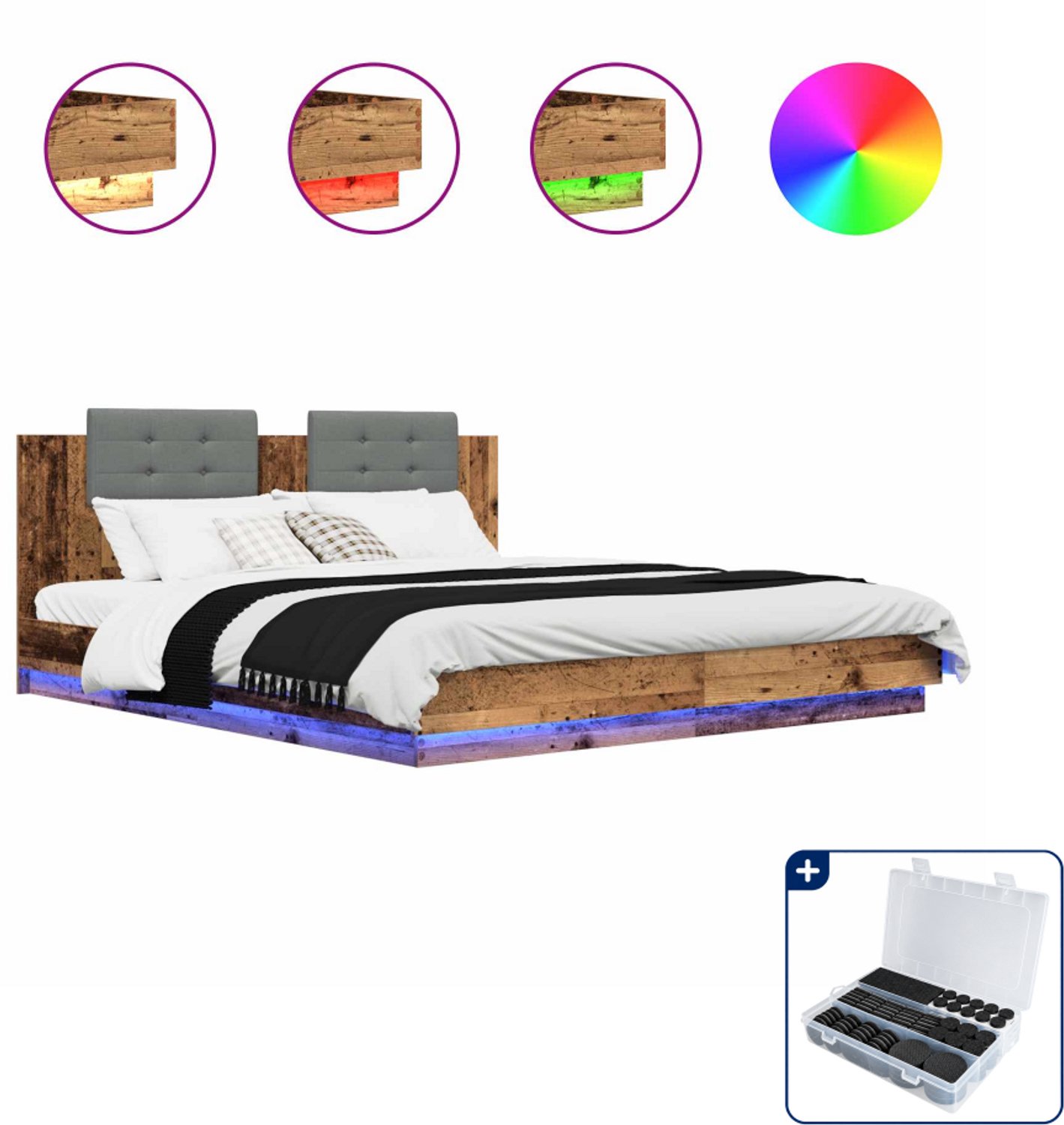 vidaXL bedframe 200 x 200 cm - bewerkt hout - oud hout - Inclusief antikrasvilt 177-delig Bruin