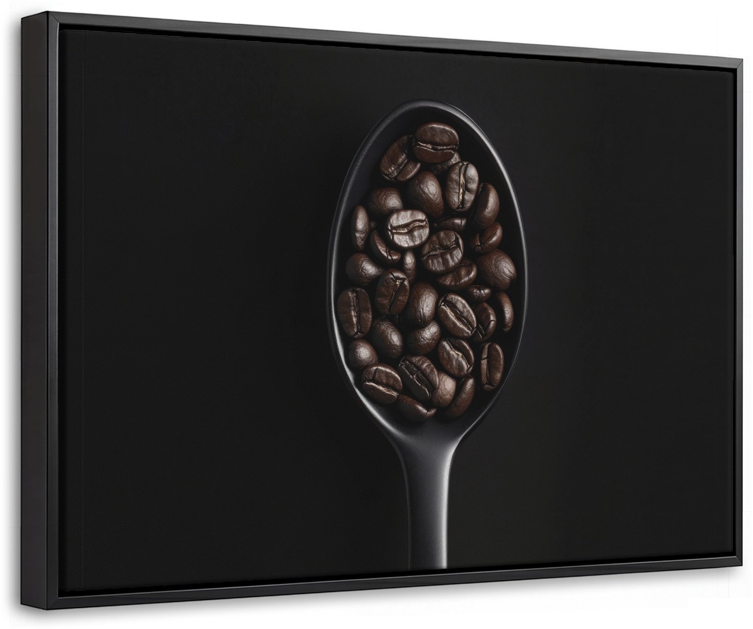 Canvas Schilderij met Baklijst 60x40cm - Koffiebonen - Lepel - Zwart - Muurdecoratie woonkamer - Slaapkamer decoratie - Kamer accessoires - Schilderijen op canvas met lijst