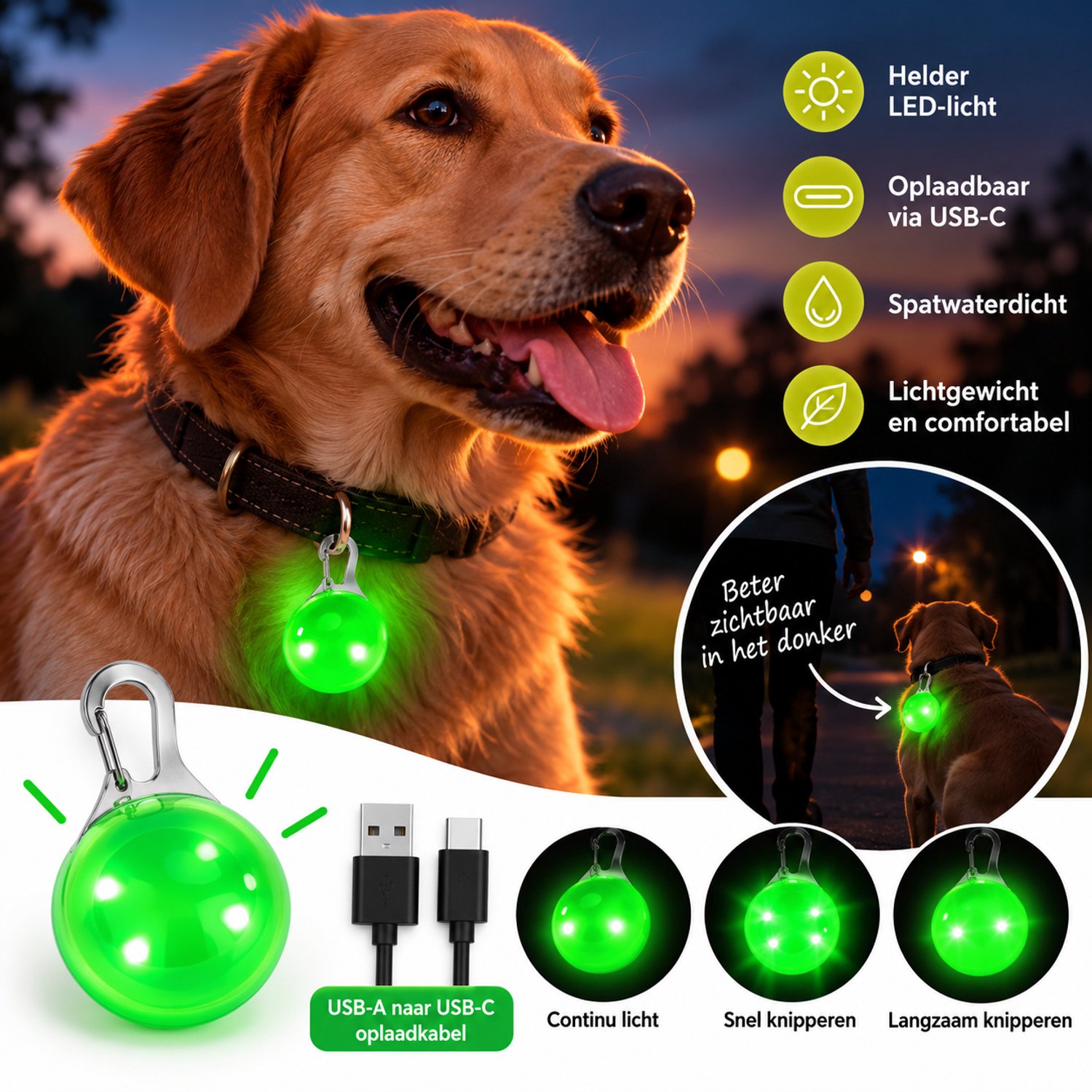 JN® Oplaadbare USB-C hondenverlichting - Kleur Groen - Hond - Hondenlamp - Oplaadbaar - USB oplaadbare hondenlamp – Hondenlicht - Hond uitlaten – Verlichting hond - Oplaadbare verlichting