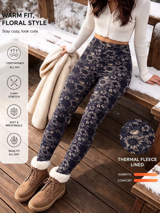 Dames Winterlegging Maat XL – Fleece Gevoerd – Hoge Taille – Zonnebloemen Bloemenprint – Marineblauw — afbeelding 2