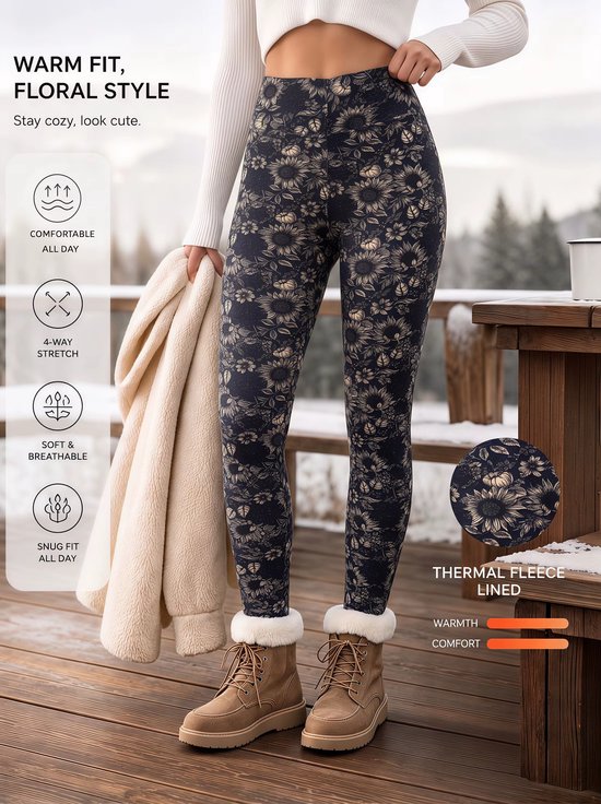 Dames Winterlegging Maat XXXL – Fleece Gevoerd – Hoge Taille – Zonnebloemen Bloemenprint – Marineblauw — afbeelding 2