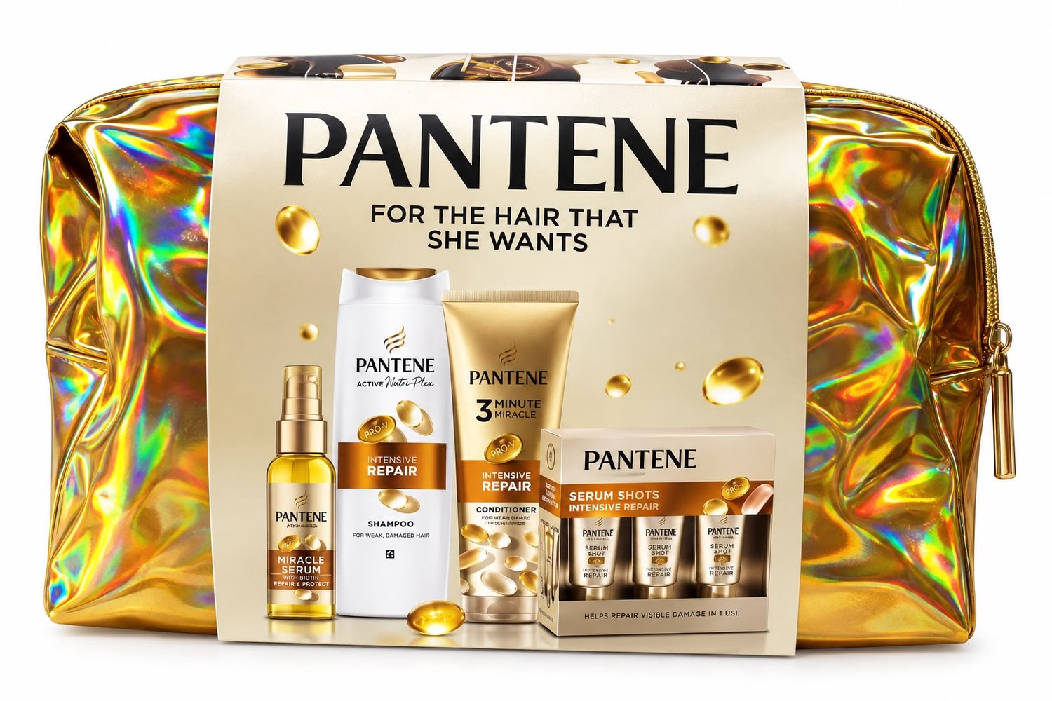 Giftset Pantene - Gouden toiletzak met Shampoo, conditioner, olie & serum intensive repair