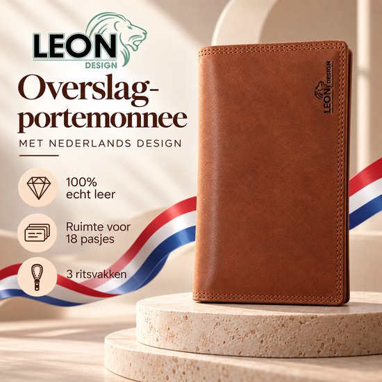 Bruine leren overslagportemonnee met LeonDesign logo en Nederlandse vlag.