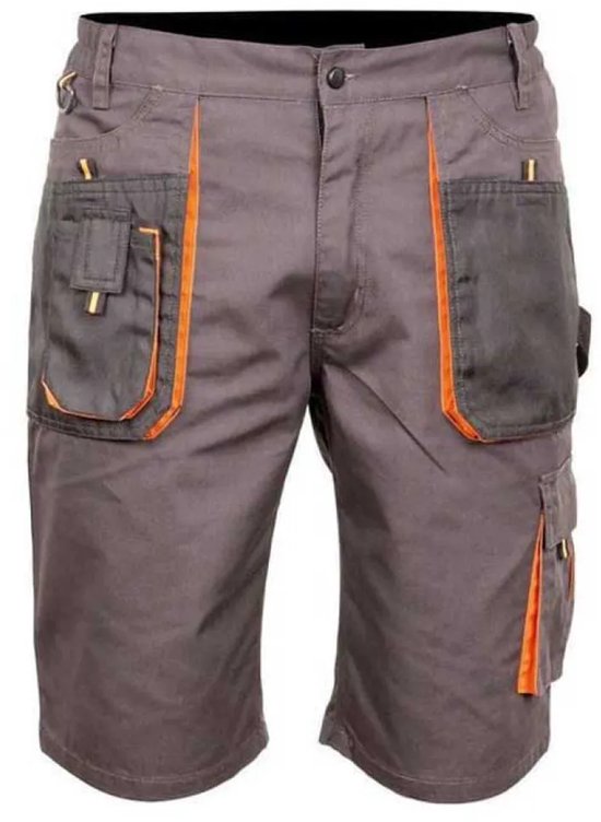 Grijze werkshort met oranje biezen en donkergrijze zakken.
