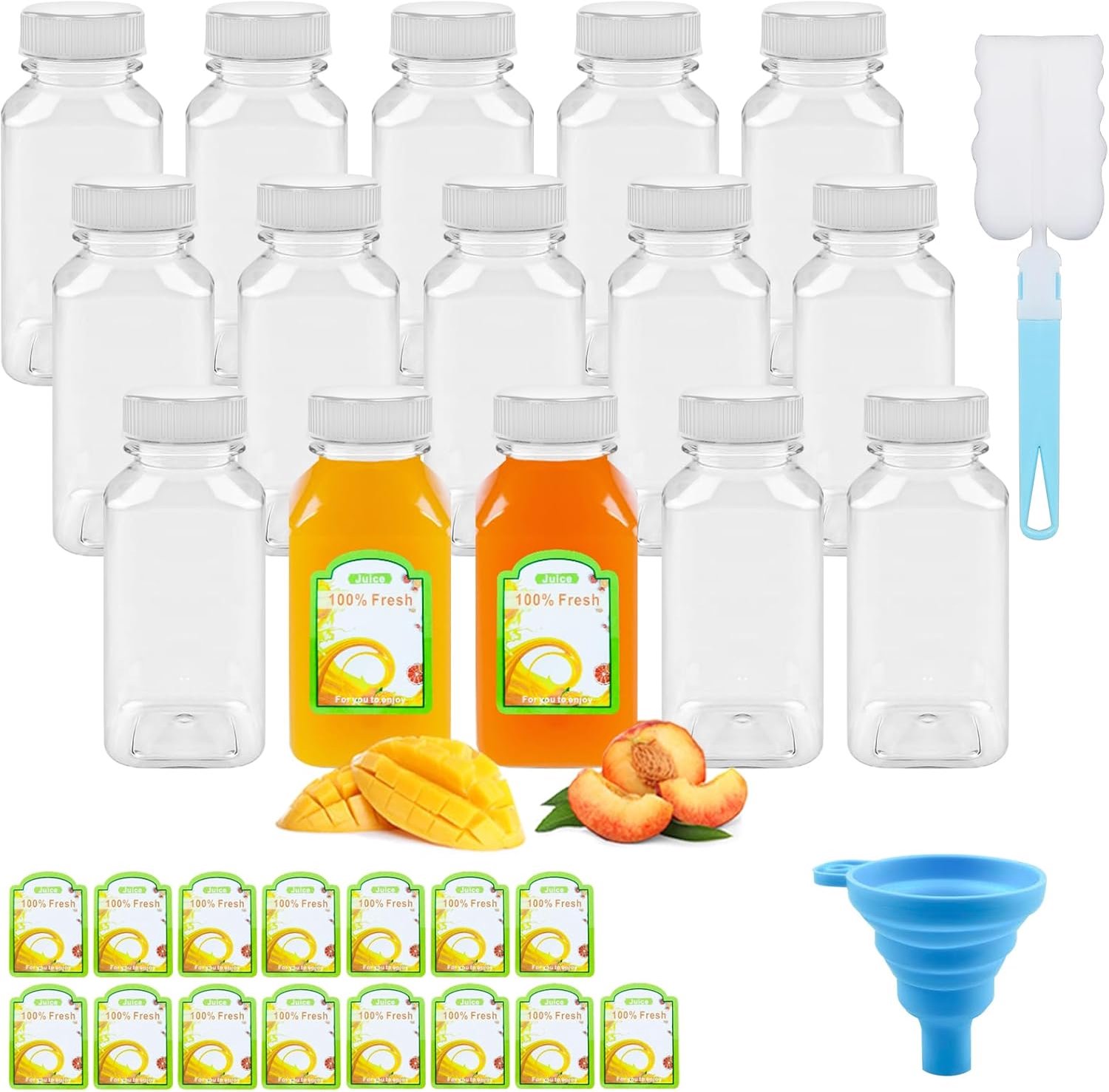 Juice flessen set 15 stuks 250ml - heldere herbruikbare plastic flessen - met deksels, stickers en accessoires - SnelShoppen