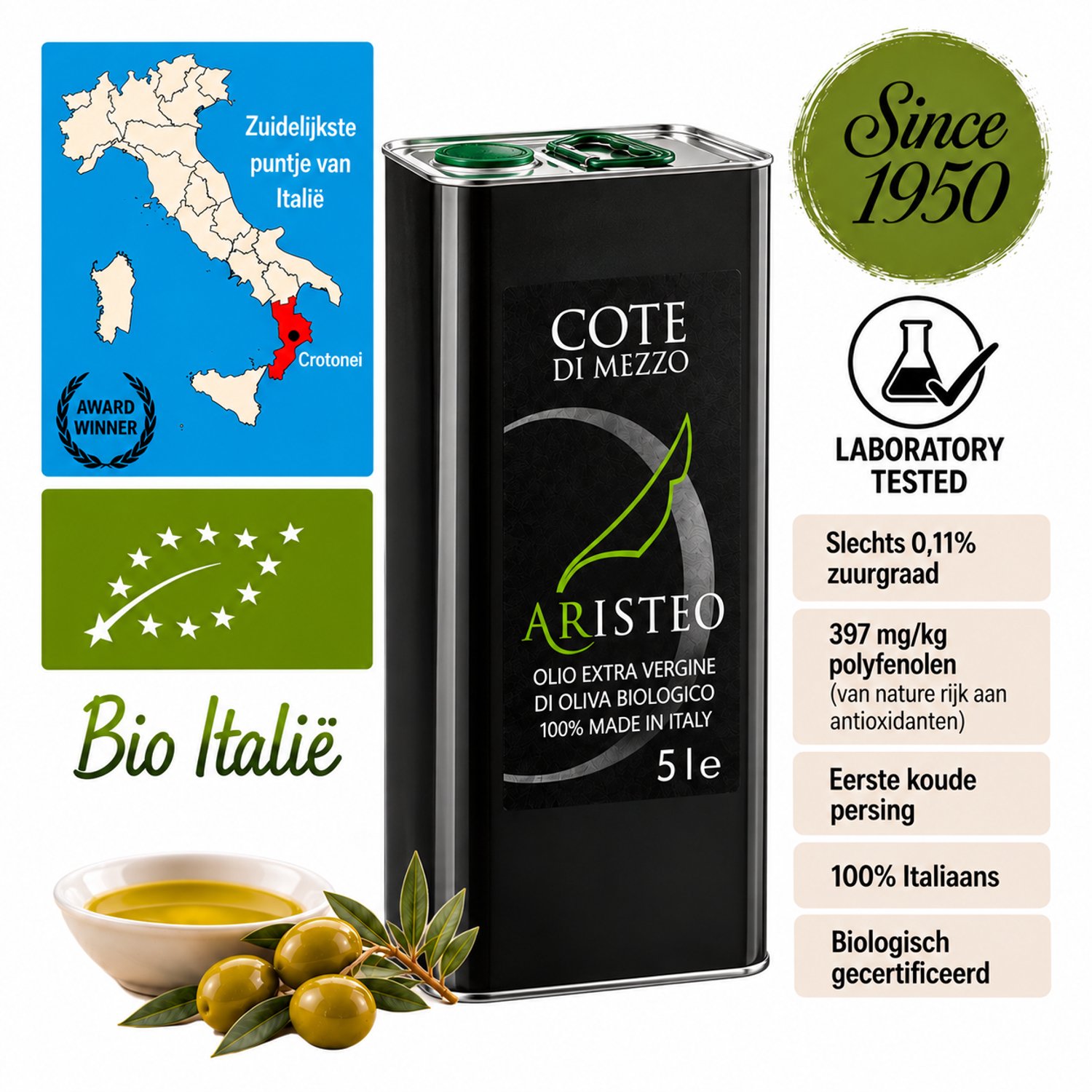 ARISTEO 5 L BIO Extra Vierge Olijfolie – Zuurgraad 0,11% – Oogst 2025 – 100% Zuid-Italië – Non Filtrato – Eerste Koude Persing – Warm & Koud Gebruik